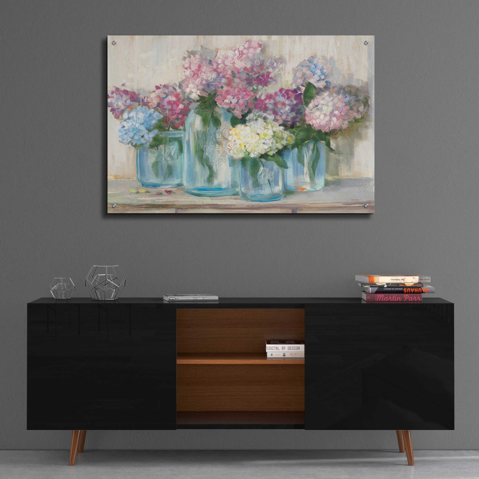 Epic Art 'Hydrangeas In Glass Jar Pastel Crop' by Carol Rowan, Acrylic Glass Wall Art,36x24