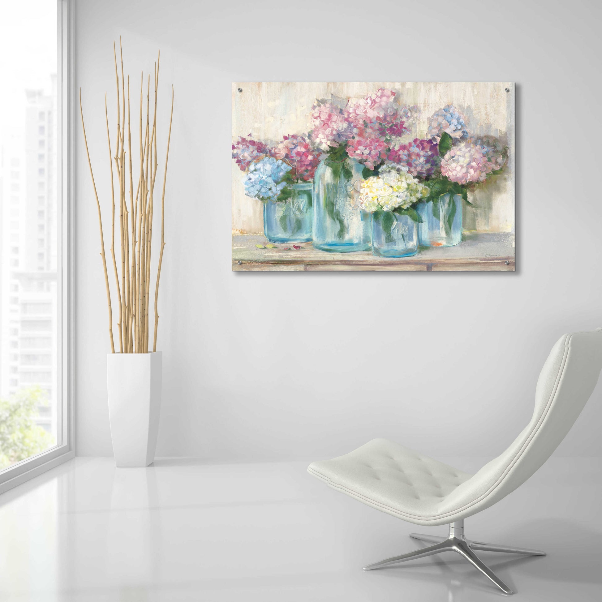 Epic Art 'Hydrangeas In Glass Jar Pastel Crop' by Carol Rowan, Acrylic Glass Wall Art,36x24