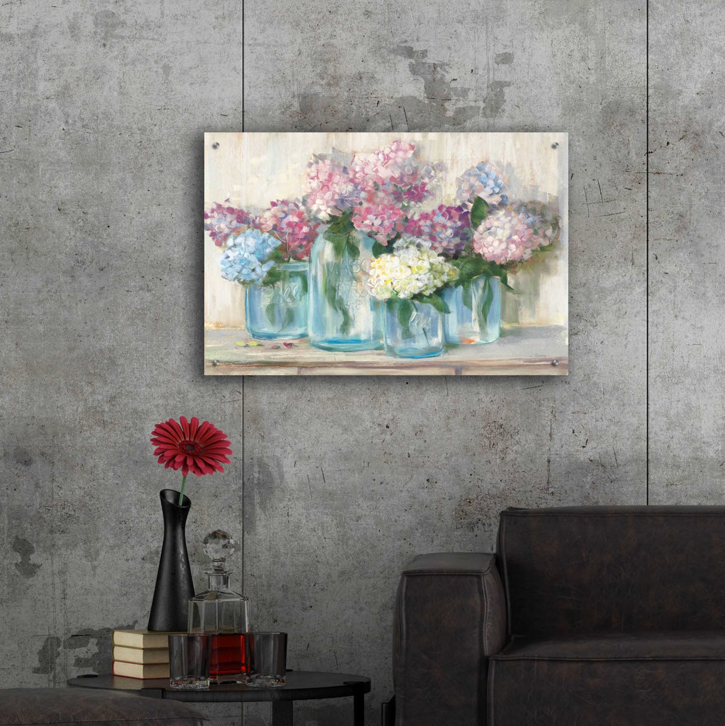 Epic Art 'Hydrangeas In Glass Jar Pastel Crop' by Carol Rowan, Acrylic Glass Wall Art,36x24