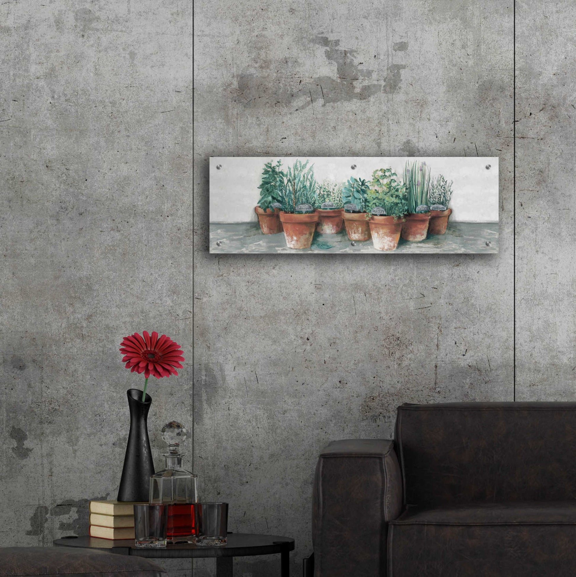 Epic Art 'Pots Of Herbs II Cottage V2' by Carol Rowan, Acrylic Glass Wall Art,36x12