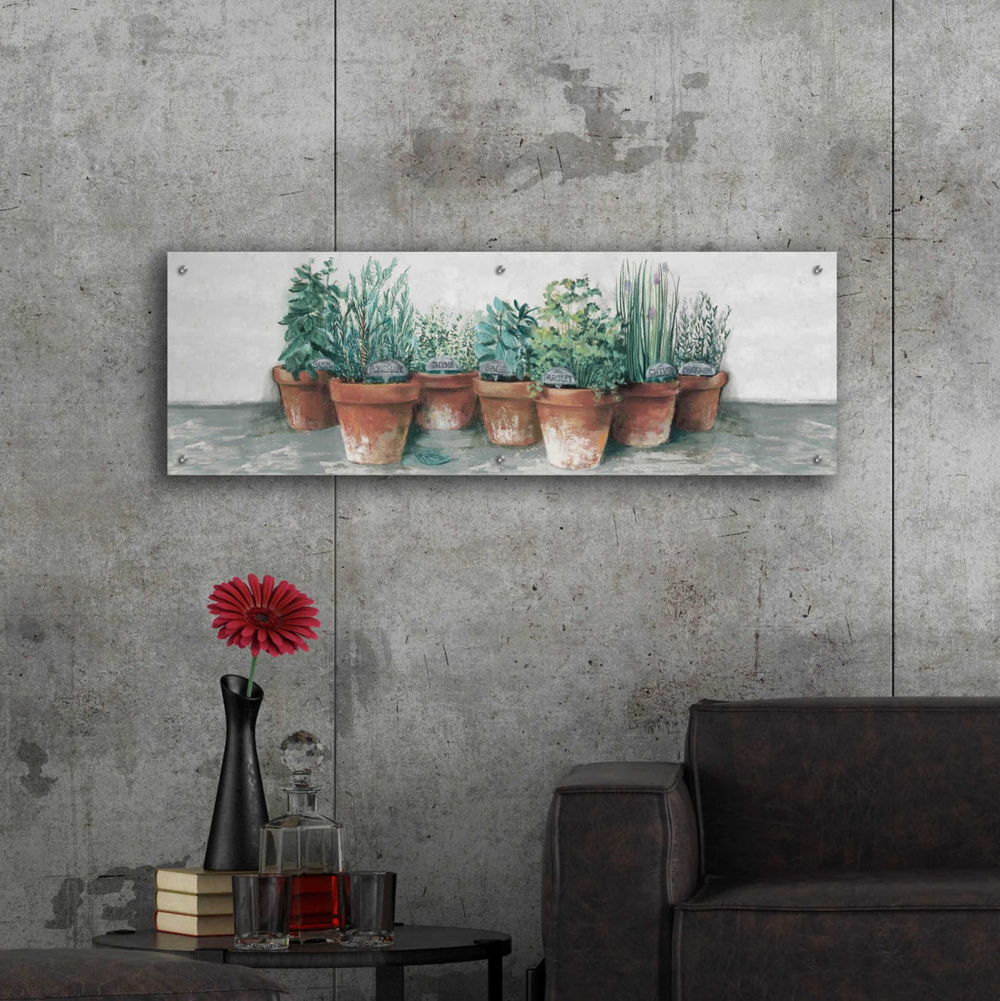 Epic Art 'Pots Of Herbs II Cottage V2' by Carol Rowan, Acrylic Glass Wall Art,48x16