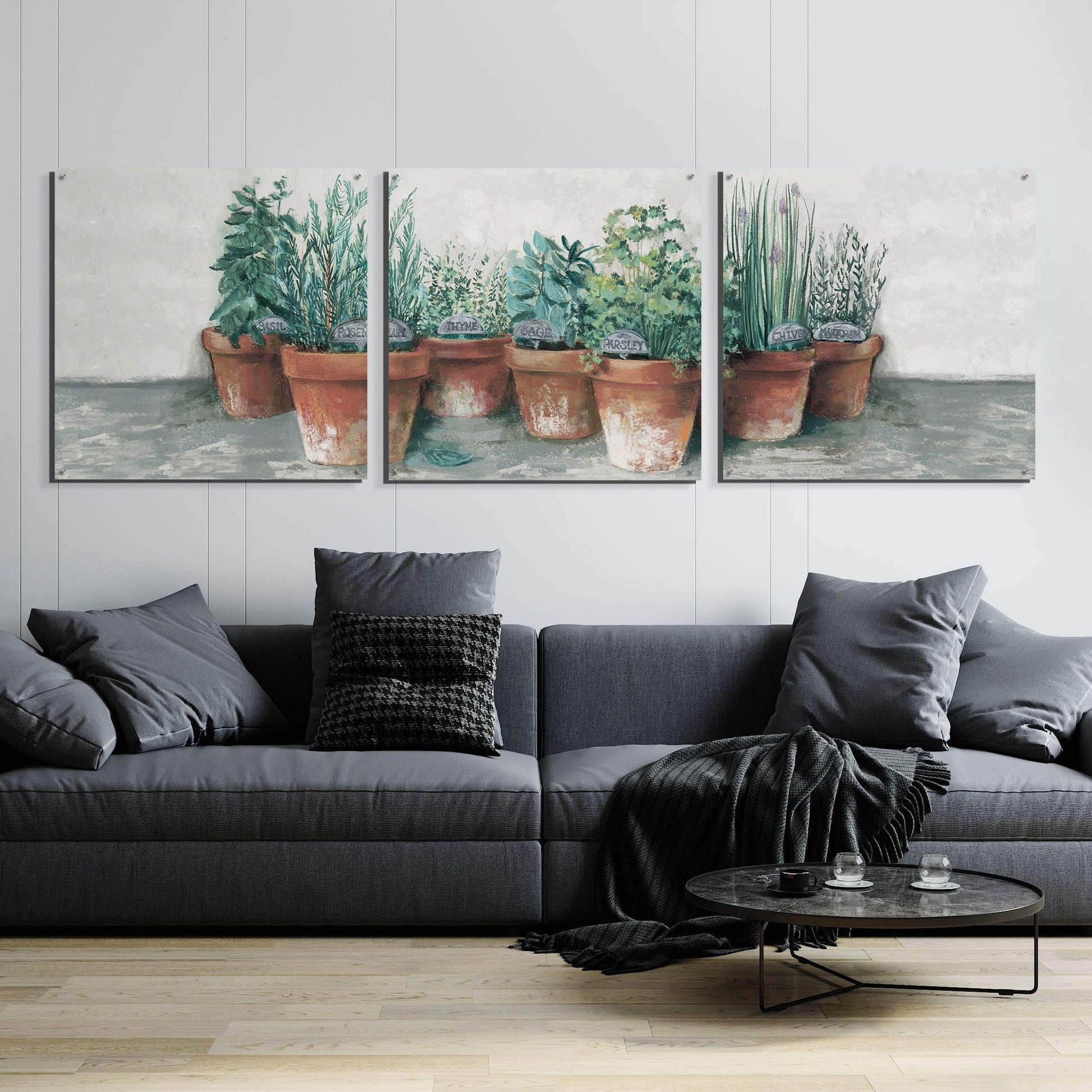 Epic Art 'Pots Of Herbs II Cottage V2' by Carol Rowan, Acrylic Glass Wall Art, 3 Piece Set,108x36