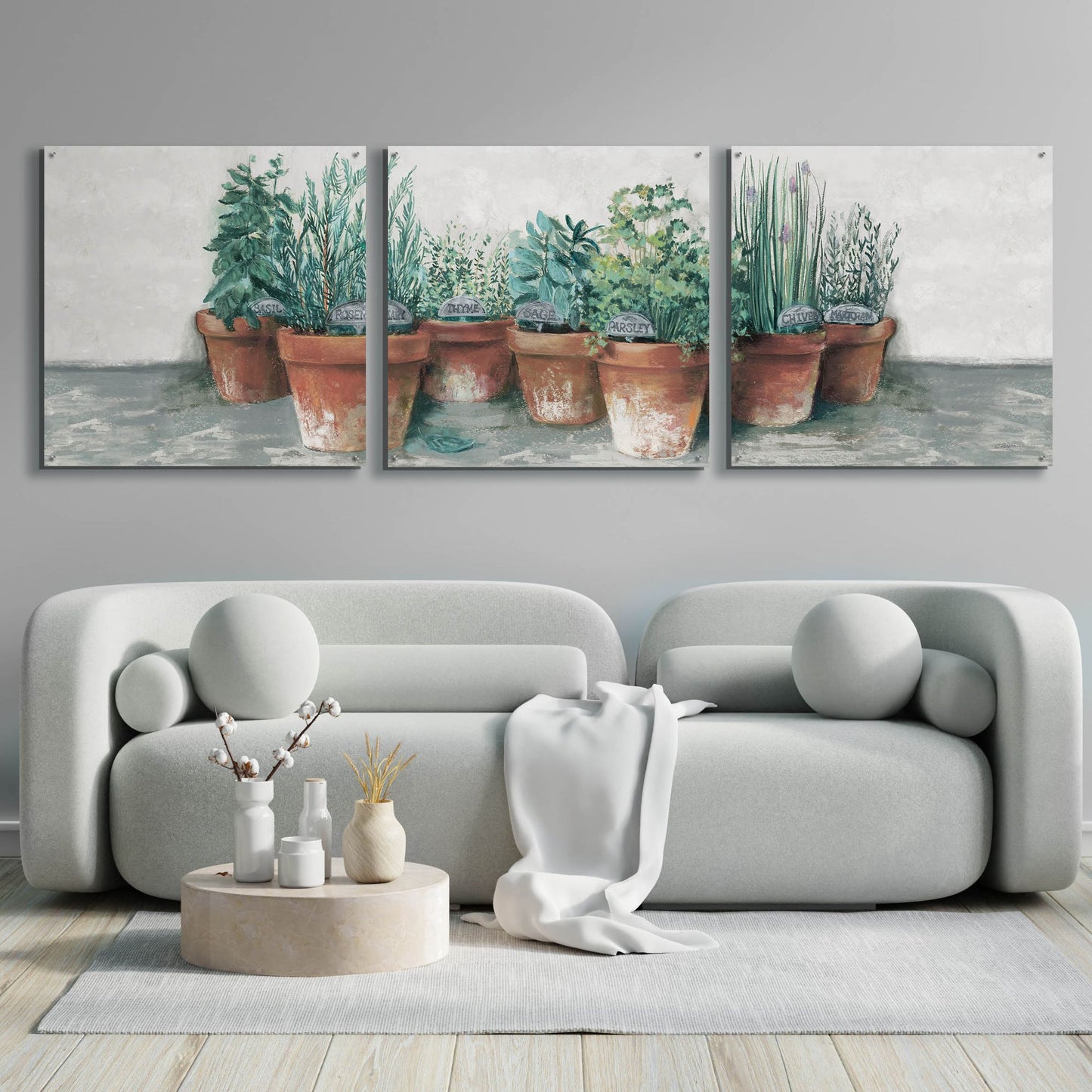 Epic Art 'Pots Of Herbs II Cottage V2' by Carol Rowan, Acrylic Glass Wall Art, 3 Piece Set,108x36