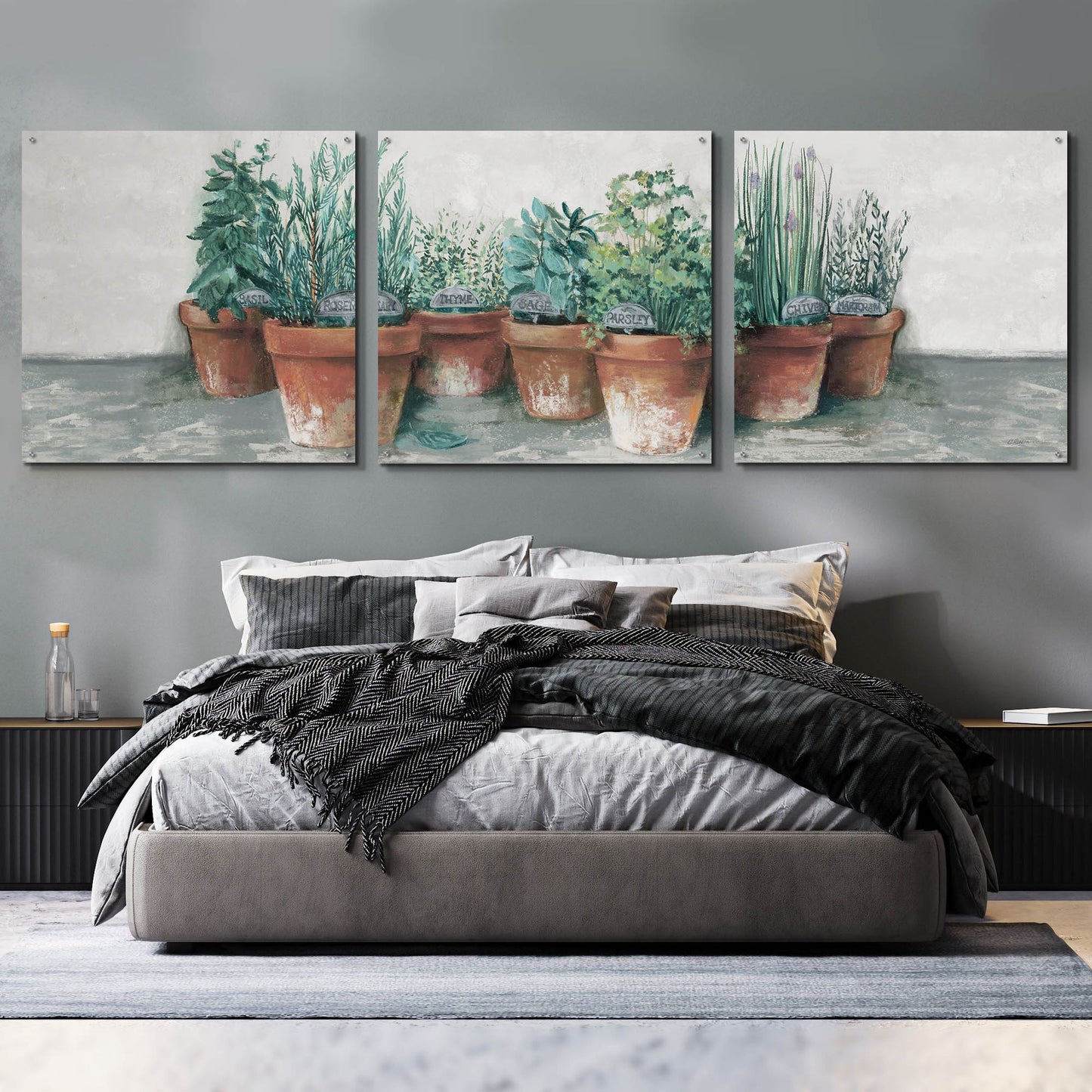 Epic Art 'Pots Of Herbs II Cottage V2' by Carol Rowan, Acrylic Glass Wall Art, 3 Piece Set,108x36