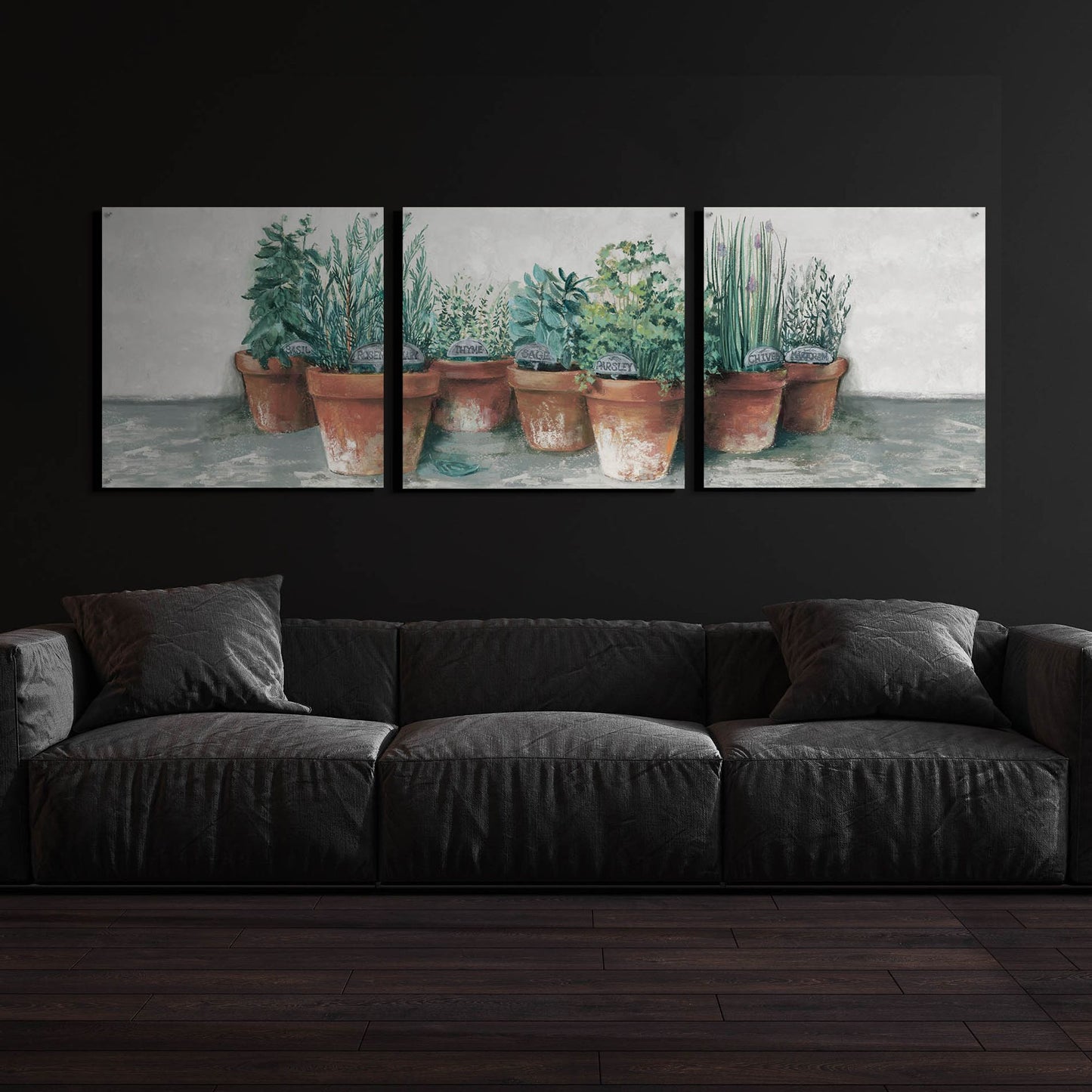 Epic Art 'Pots Of Herbs II Cottage V2' by Carol Rowan, Acrylic Glass Wall Art, 3 Piece Set,108x36