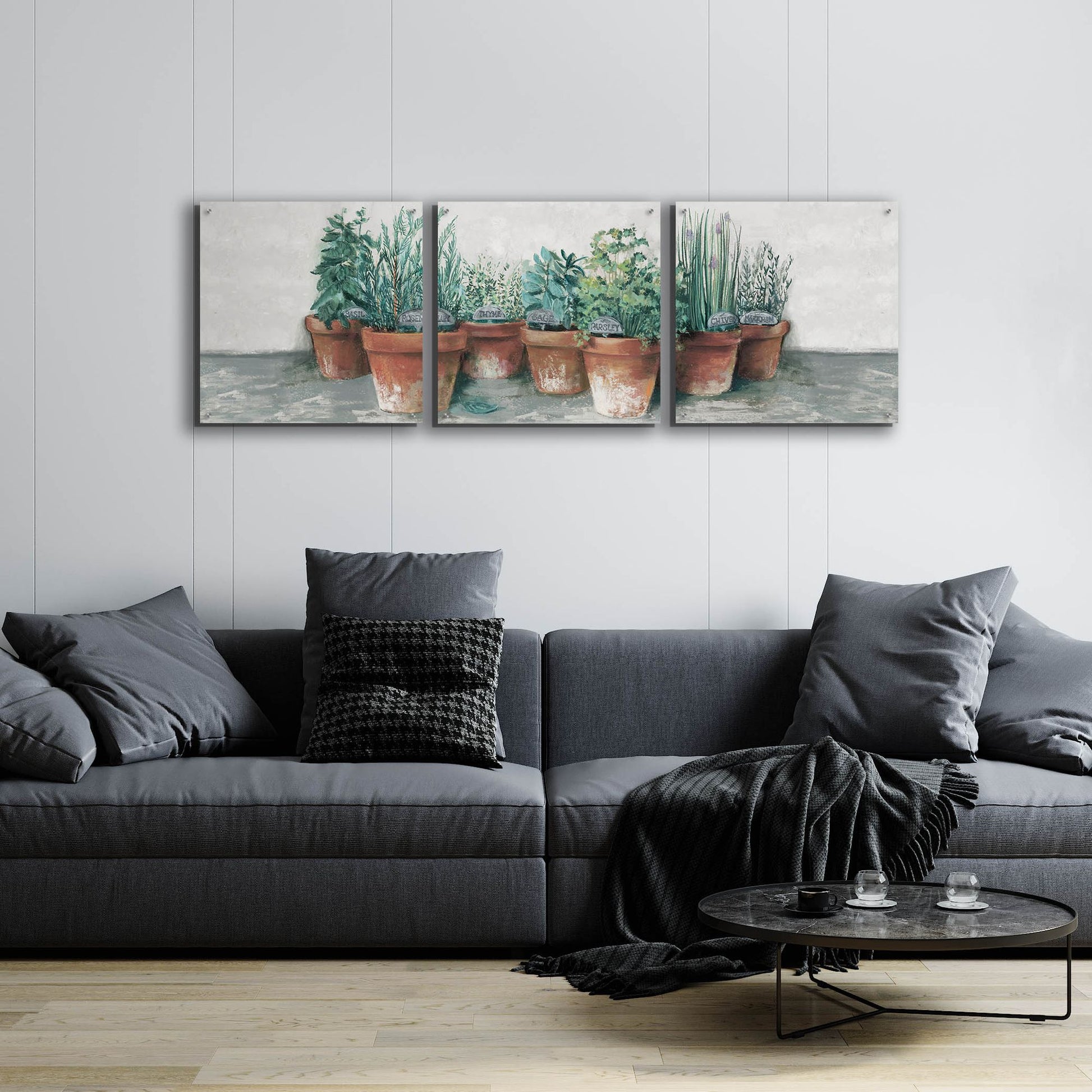 Epic Art 'Pots Of Herbs II Cottage V2' by Carol Rowan, Acrylic Glass Wall Art, 3 Piece Set,72x24