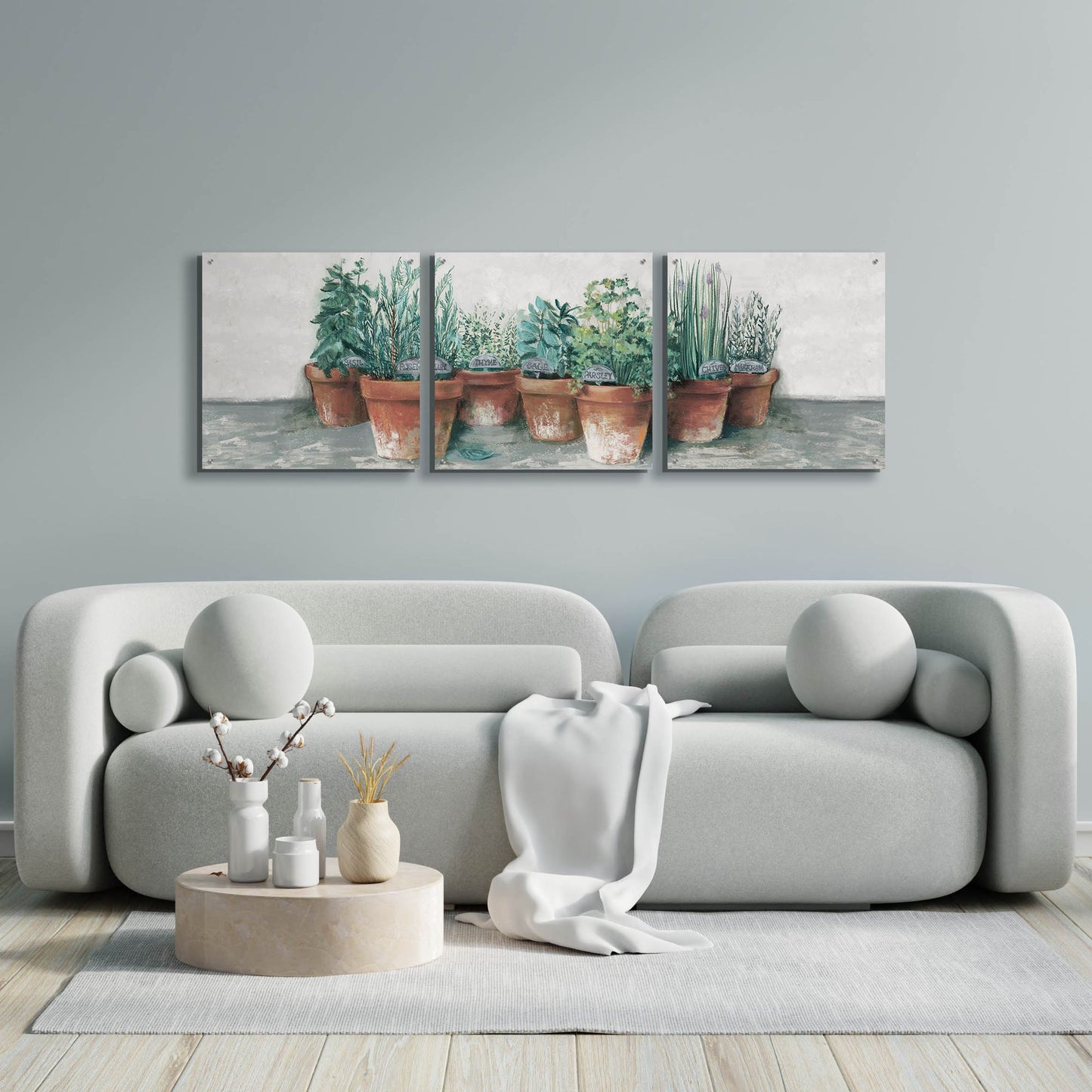 Epic Art 'Pots Of Herbs II Cottage V2' by Carol Rowan, Acrylic Glass Wall Art, 3 Piece Set,72x24