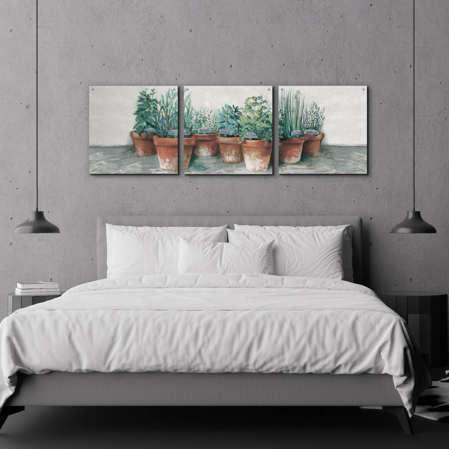 Epic Art 'Pots Of Herbs II Cottage V2' by Carol Rowan, Acrylic Glass Wall Art, 3 Piece Set,72x24