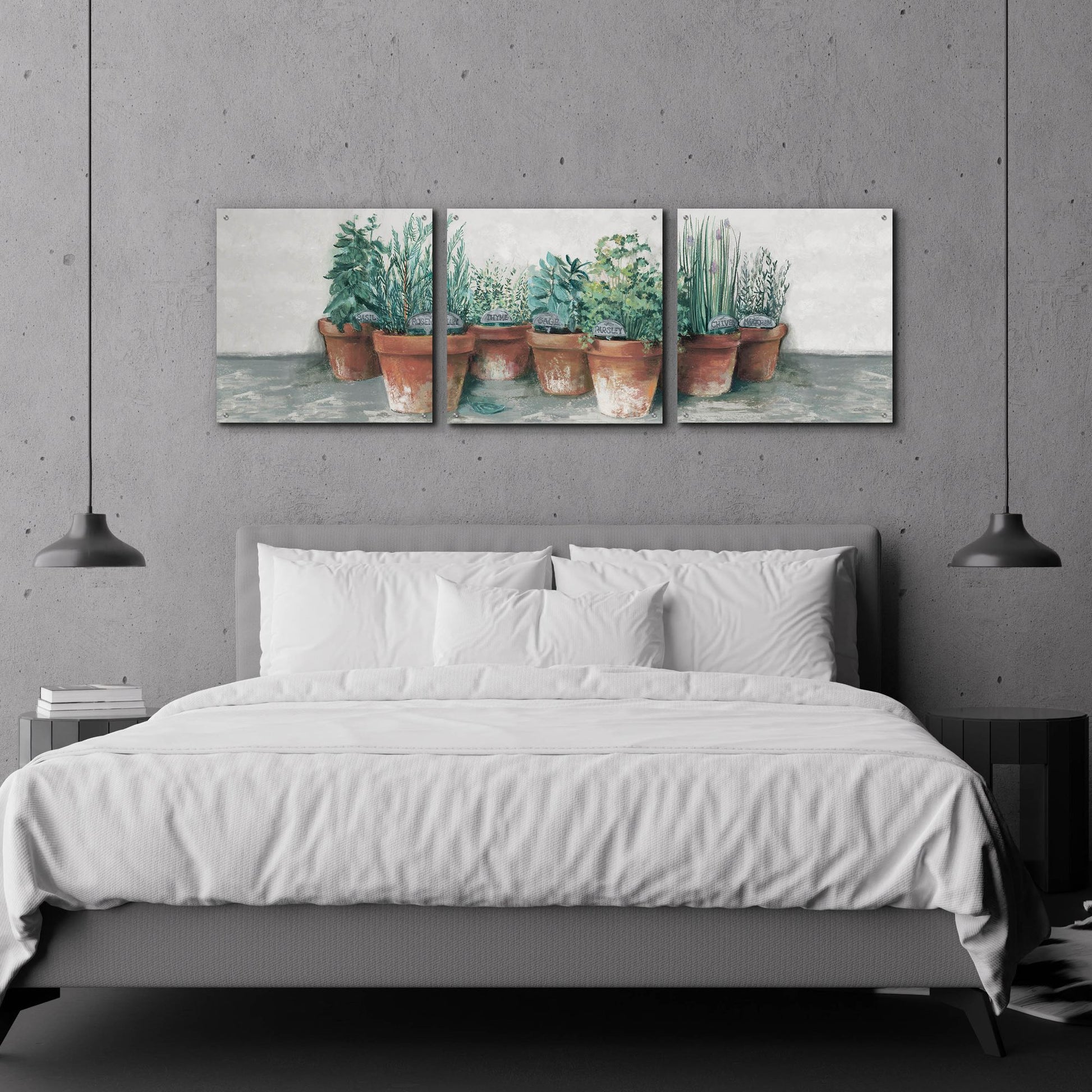 Epic Art 'Pots Of Herbs II Cottage V2' by Carol Rowan, Acrylic Glass Wall Art, 3 Piece Set,72x24