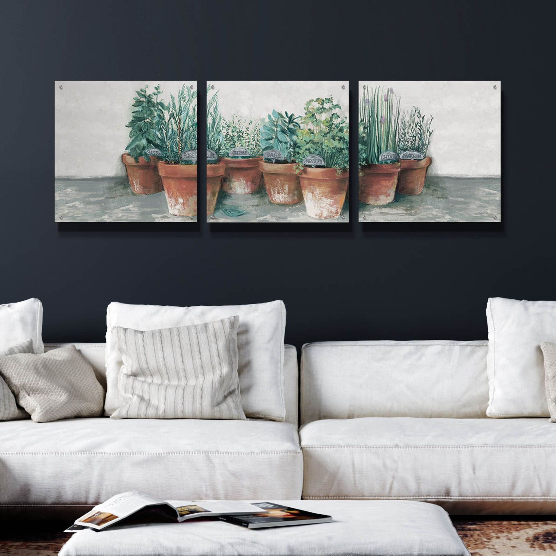 Epic Art 'Pots Of Herbs II Cottage V2' by Carol Rowan, Acrylic Glass Wall Art, 3 Piece Set,72x24