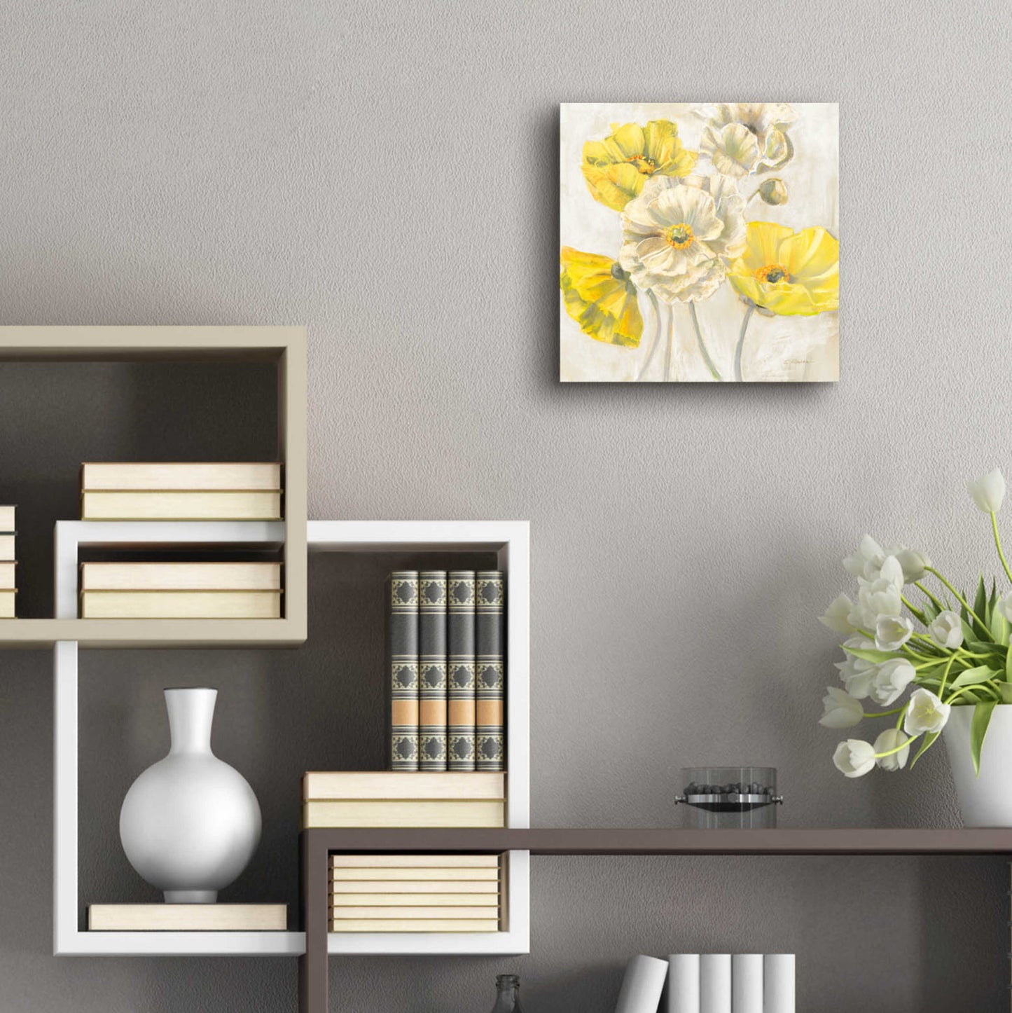 Epic Art 'Gold And White Contemporary Poppies Neutral' by Carol Rowan, Acrylic Glass Wall Art,12x12