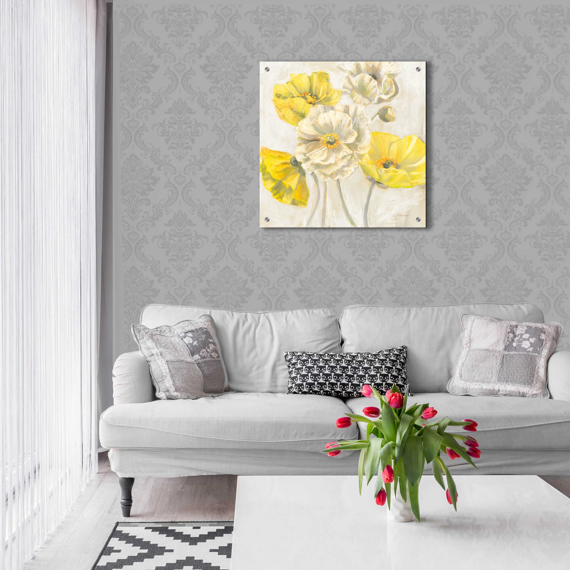 Epic Art 'Gold And White Contemporary Poppies Neutral' by Carol Rowan, Acrylic Glass Wall Art,24x24