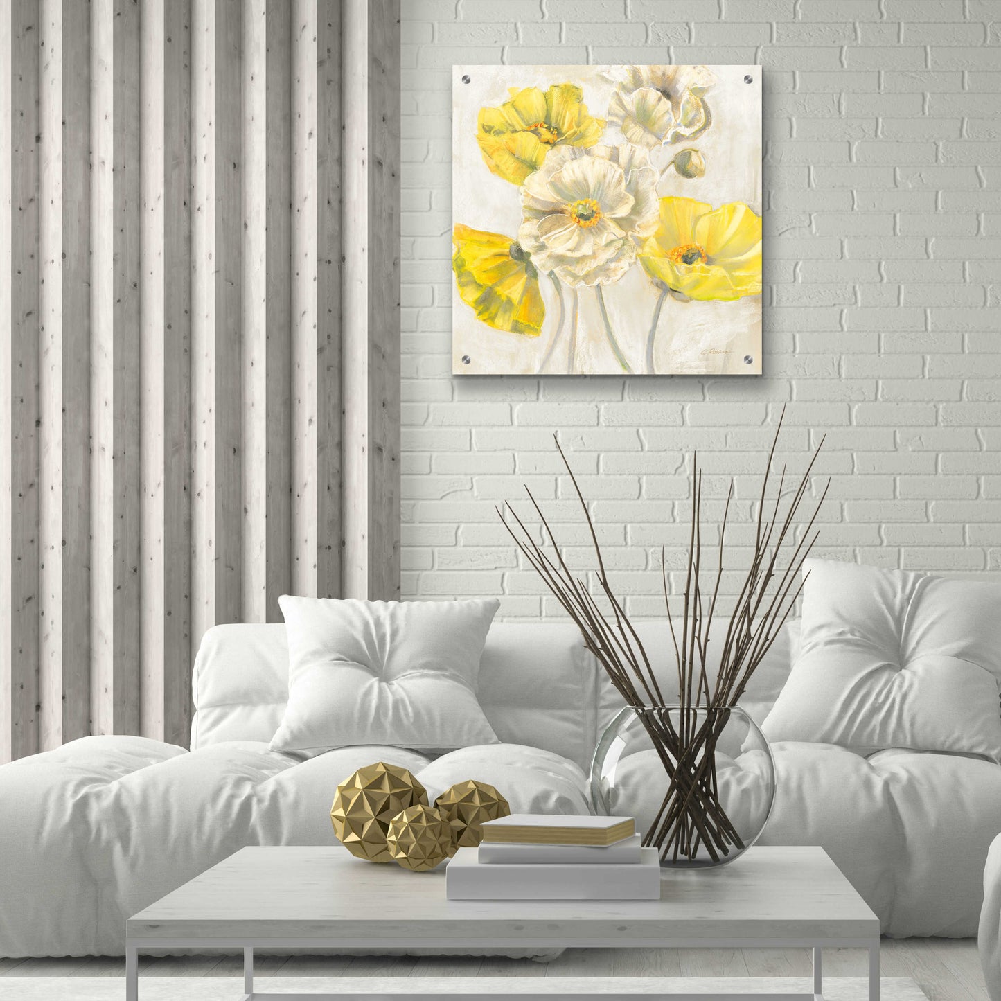 Epic Art 'Gold And White Contemporary Poppies Neutral' by Carol Rowan, Acrylic Glass Wall Art,24x24