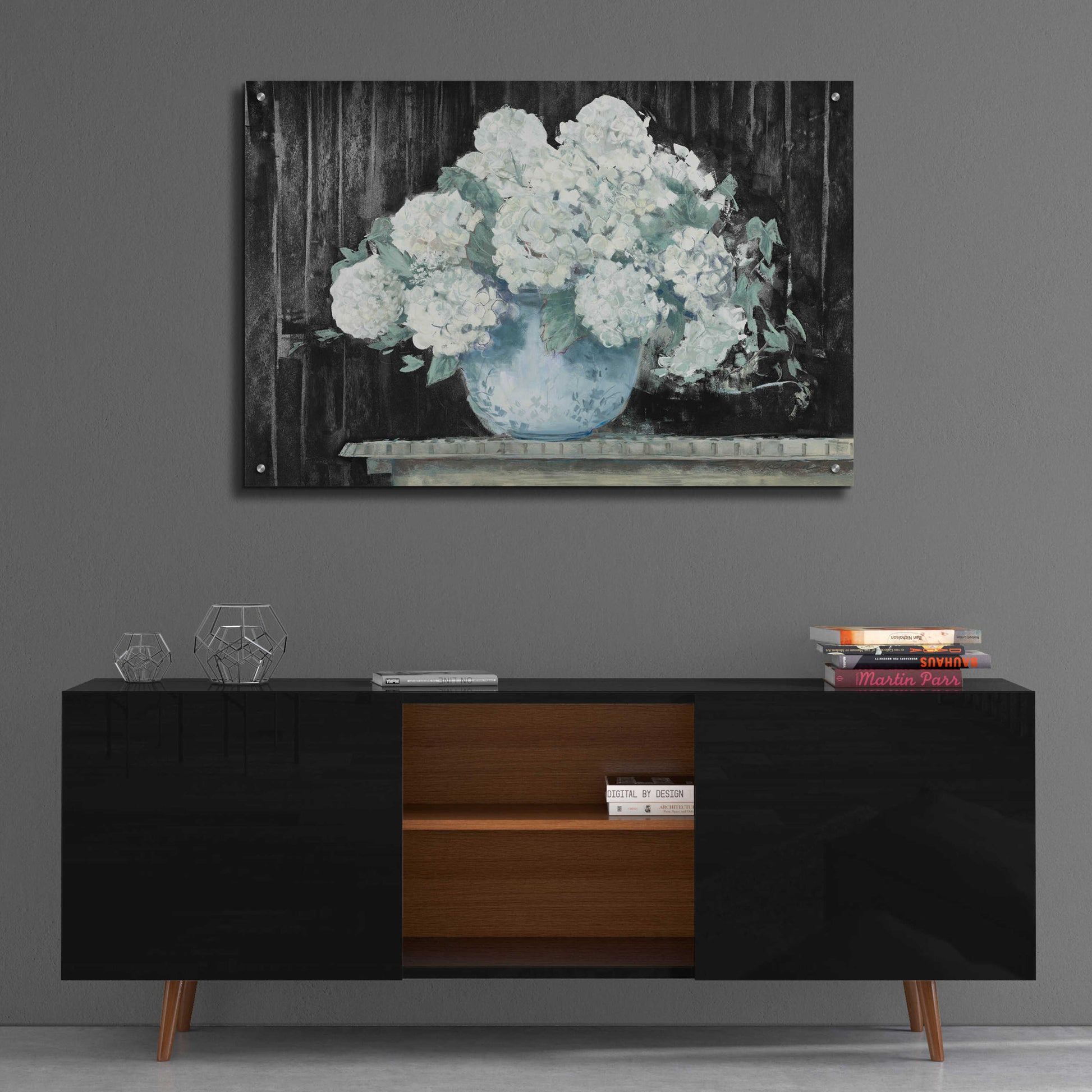 Epic Art 'White Hydrangea On Black Crop' by Carol Rowan, Acrylic Glass Wall Art,36x24