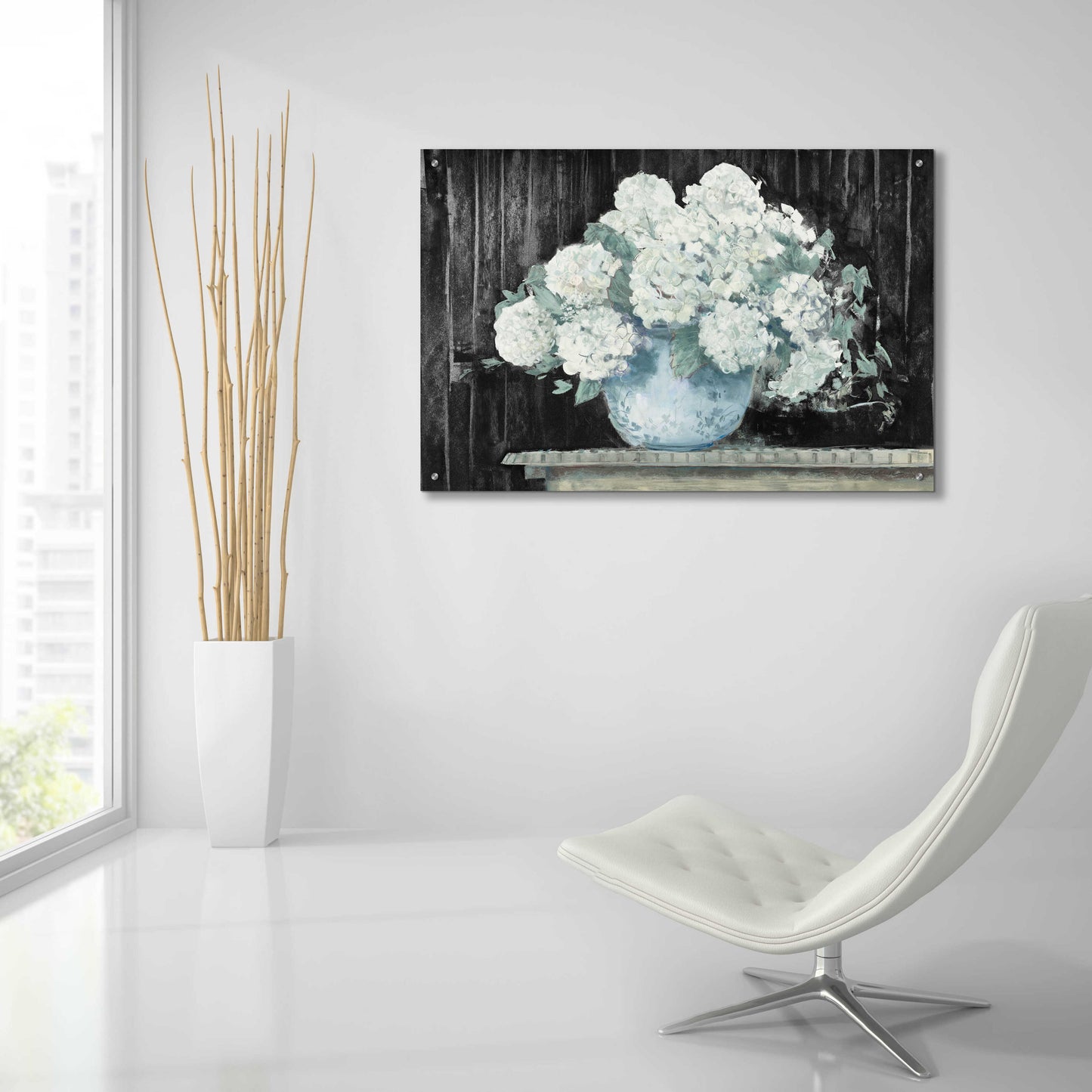 Epic Art 'White Hydrangea On Black Crop' by Carol Rowan, Acrylic Glass Wall Art,36x24