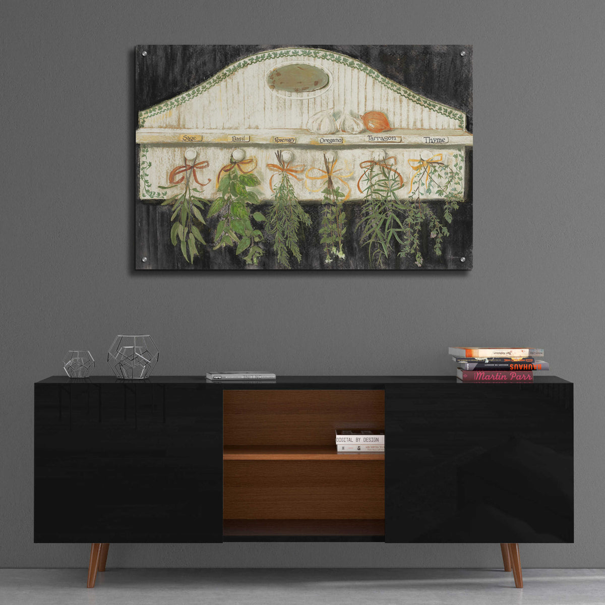 Herbs On Pegs Black by Carol Rowan - 36x24 acrylic wall art in a room