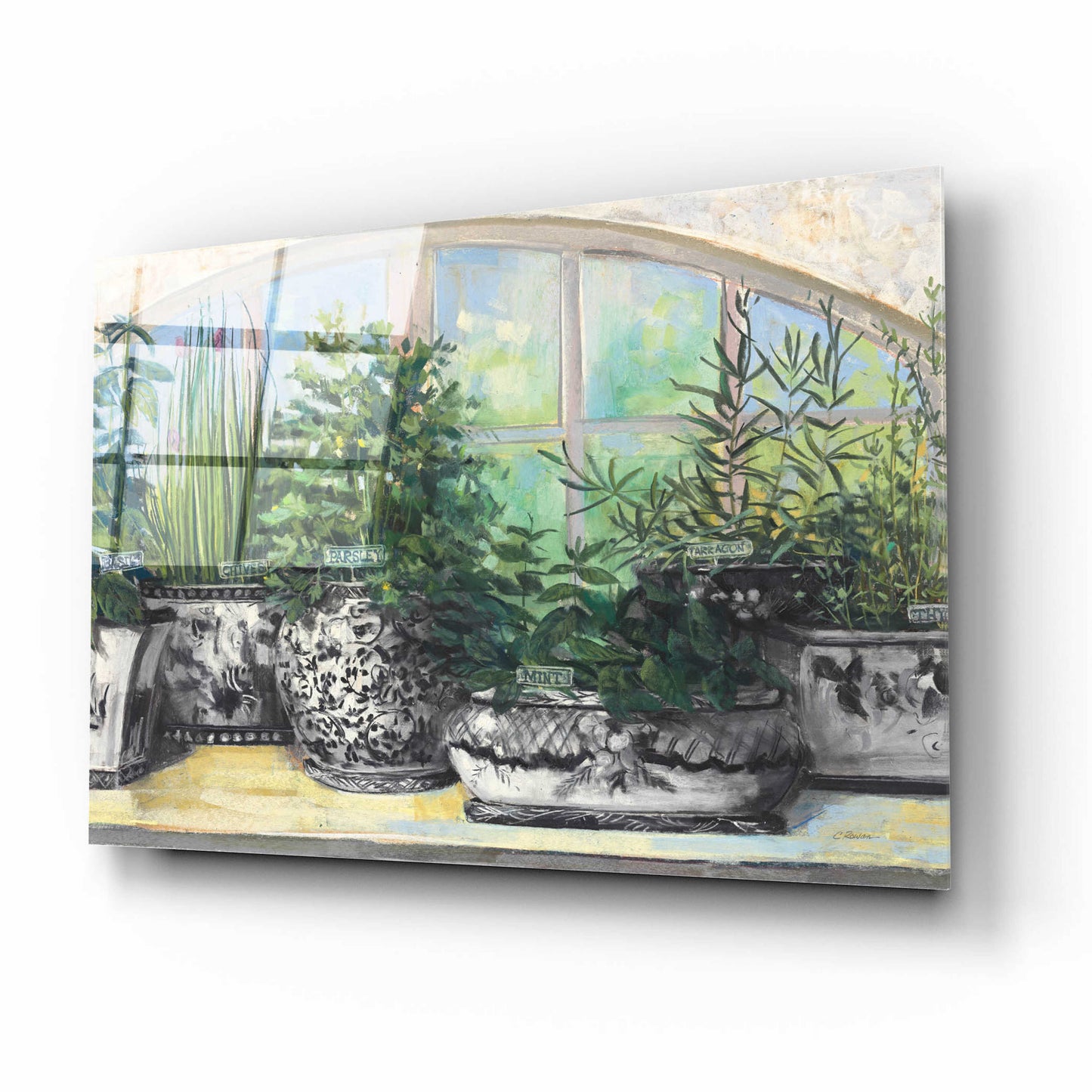 Epic Art 'Windowsill Herbs Bw Vases Crop' by Carol Rowan, Acrylic Glass Wall Art,16x12