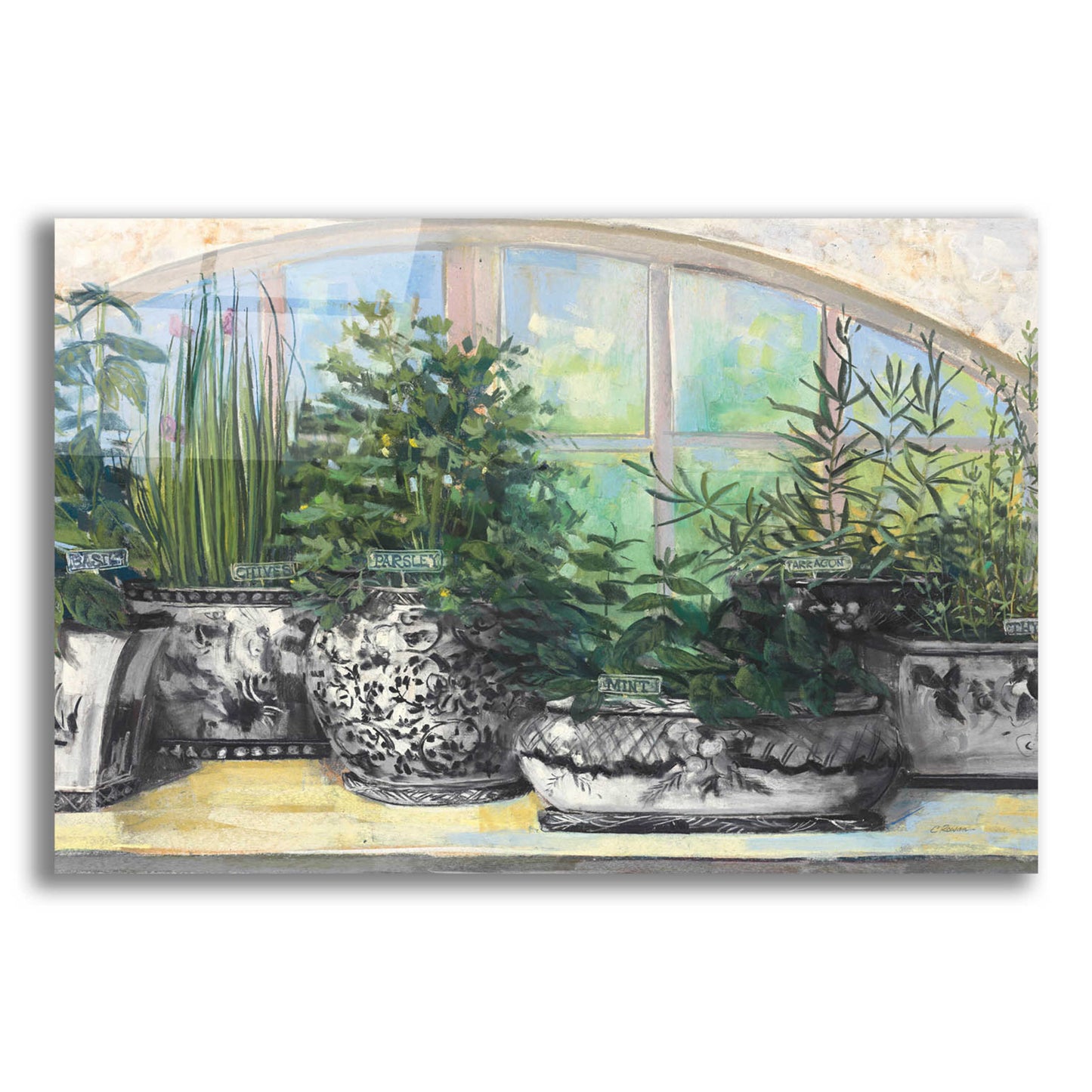 Epic Art 'Windowsill Herbs Bw Vases Crop' by Carol Rowan, Acrylic Glass Wall Art,24x16