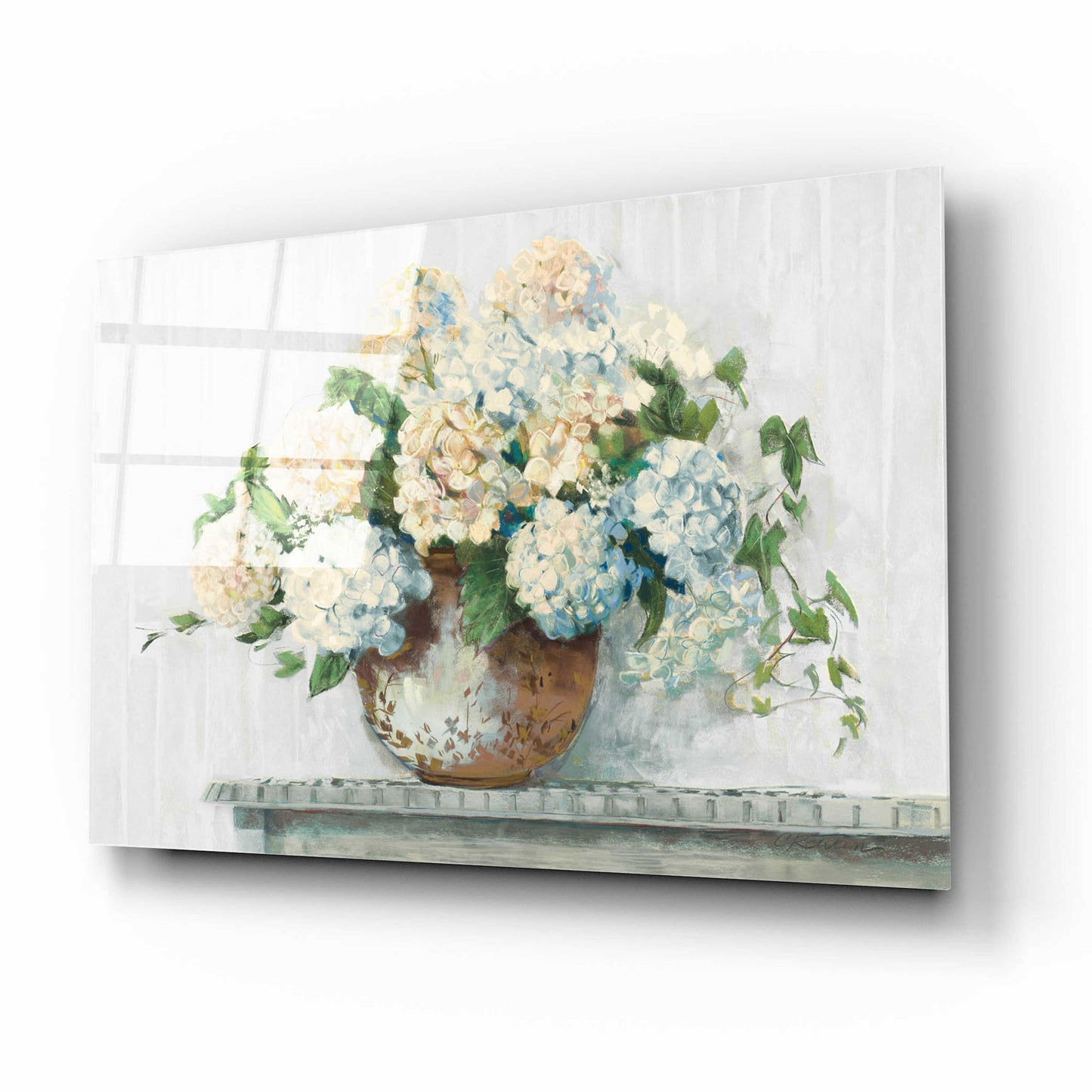 Epic Art 'White Hydrangea Cottage' by Carol Rowan, Acrylic Glass Wall Art,16x12