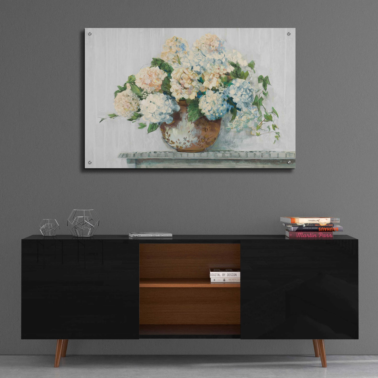 Epic Art 'White Hydrangea Cottage' by Carol Rowan, Acrylic Glass Wall Art,36x24