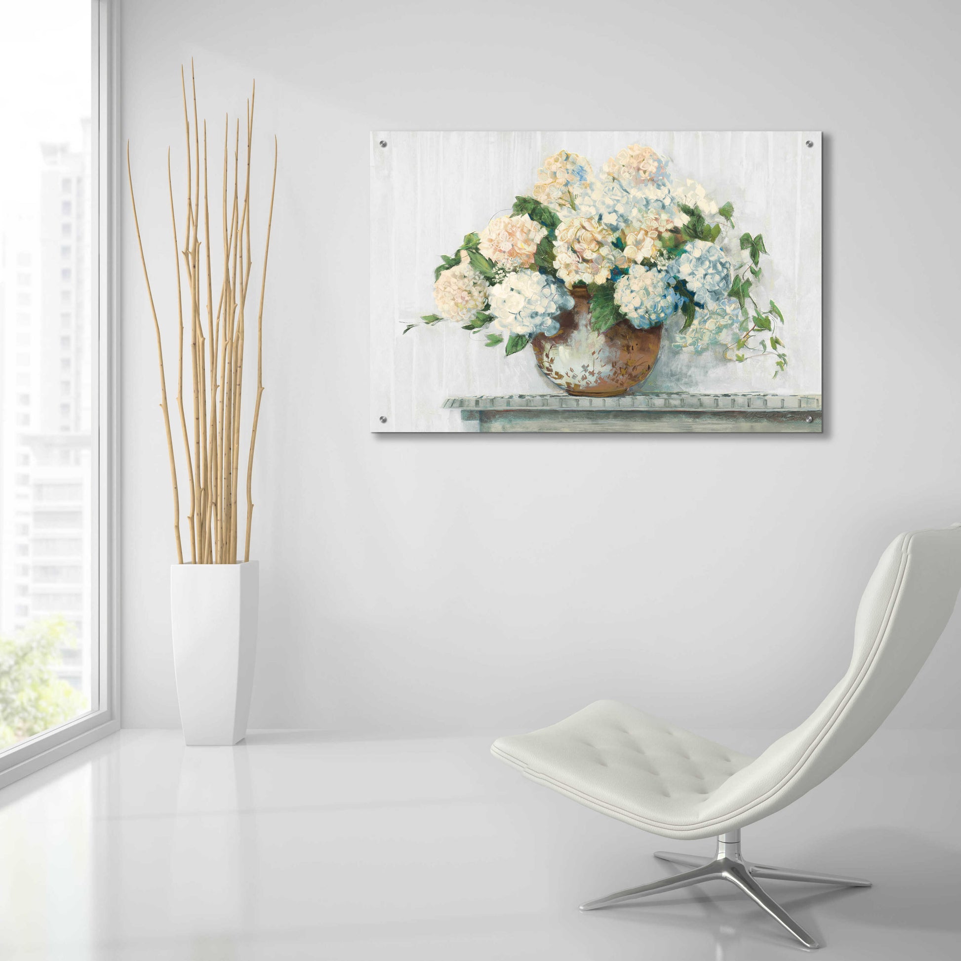 Epic Art 'White Hydrangea Cottage' by Carol Rowan, Acrylic Glass Wall Art,36x24