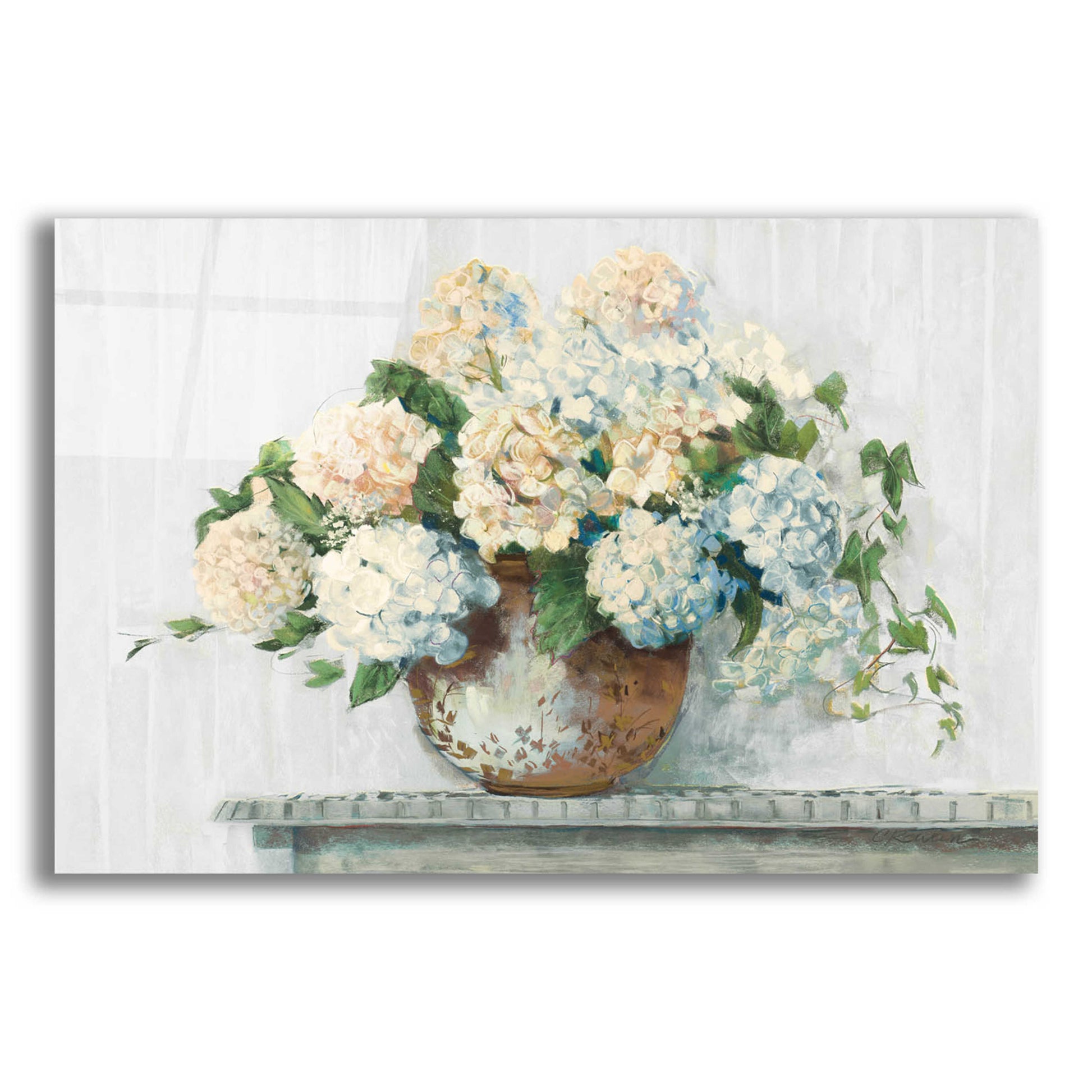 Epic Art 'White Hydrangea Cottage' by Carol Rowan, Acrylic Glass Wall Art