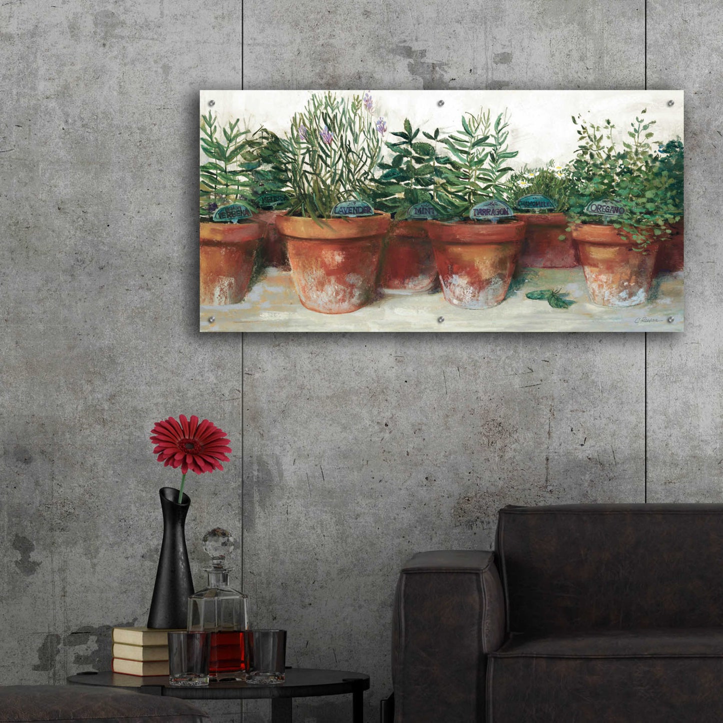 Epic Art 'Pots Of Herbs I White' by Carol Rowan, Acrylic Glass Wall Art,48x24