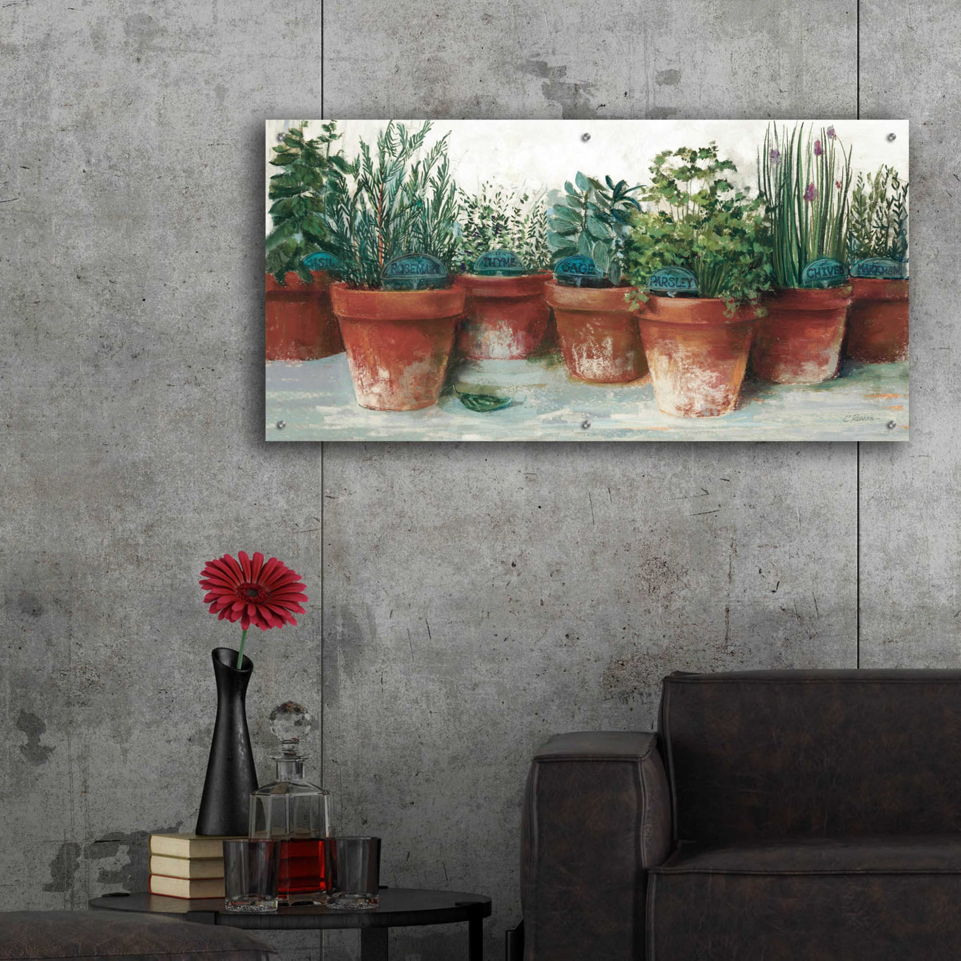 Epic Art 'Pots Of Herbs II White' by Carol Rowan, Acrylic Glass Wall Art,48x24