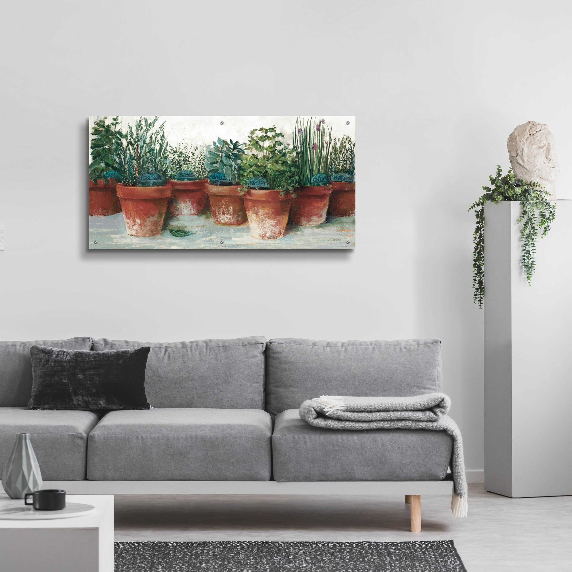 Epic Art 'Pots Of Herbs II White' by Carol Rowan, Acrylic Glass Wall Art,48x24