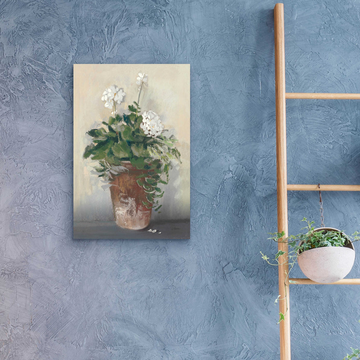 Pot Of White Geraniums by Carol Rowan - 16x24 acrylic wall art in a room