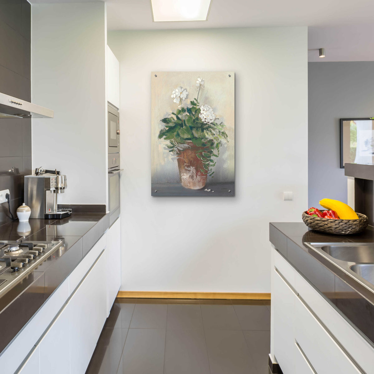 Pot Of White Geraniums by Carol Rowan - 24x36 acrylic wall art in a room