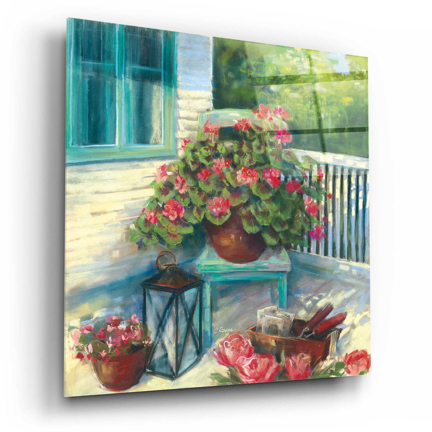 Epic Art 'Porch Geraniums' by Carol Rowan, Acrylic Glass Wall Art,12x12