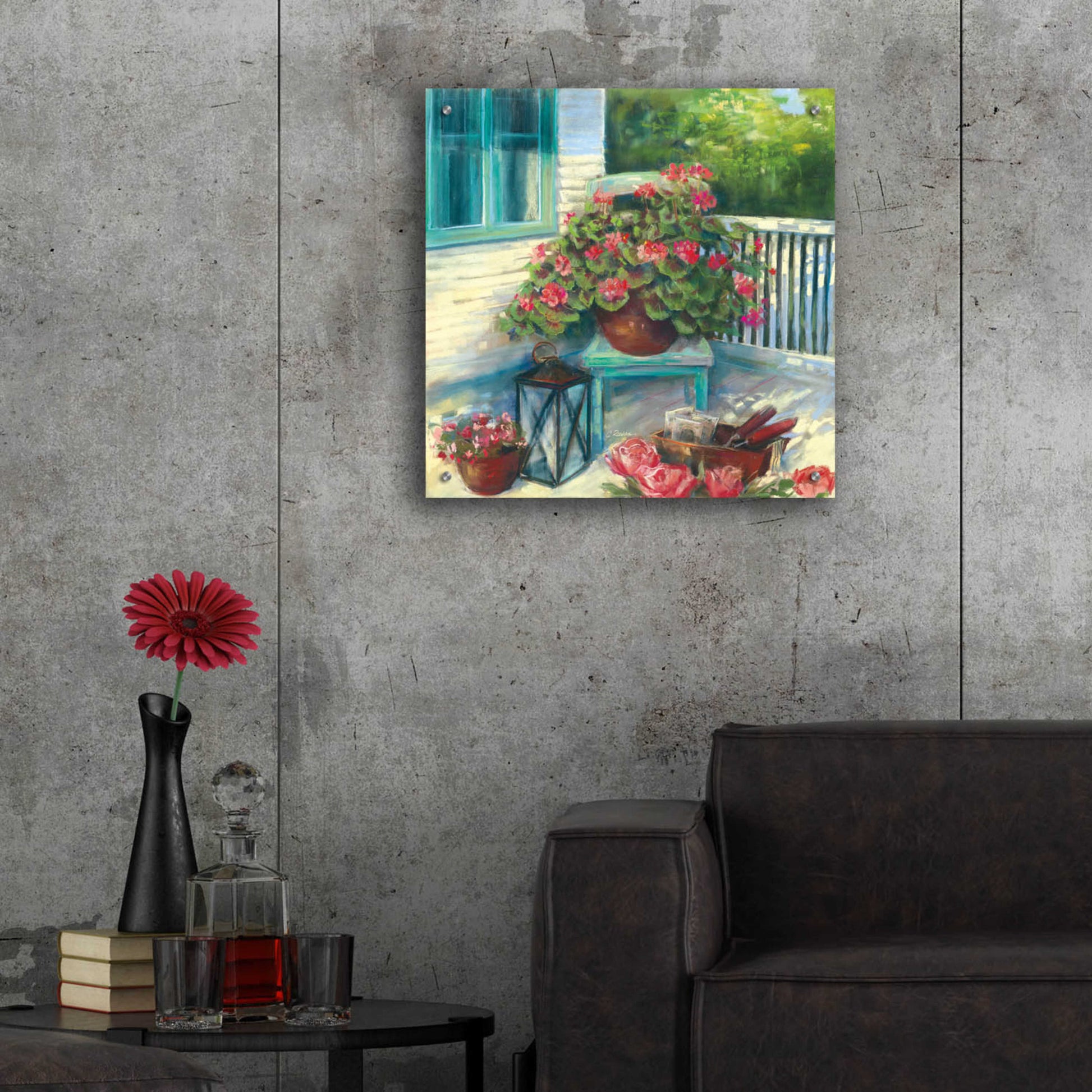 Epic Art 'Porch Geraniums' by Carol Rowan, Acrylic Glass Wall Art,24x24