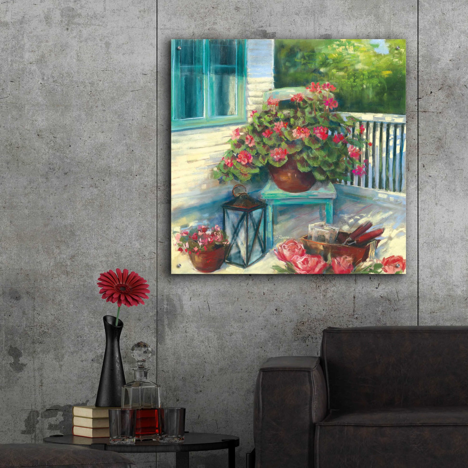 Epic Art 'Porch Geraniums' by Carol Rowan, Acrylic Glass Wall Art,36x36