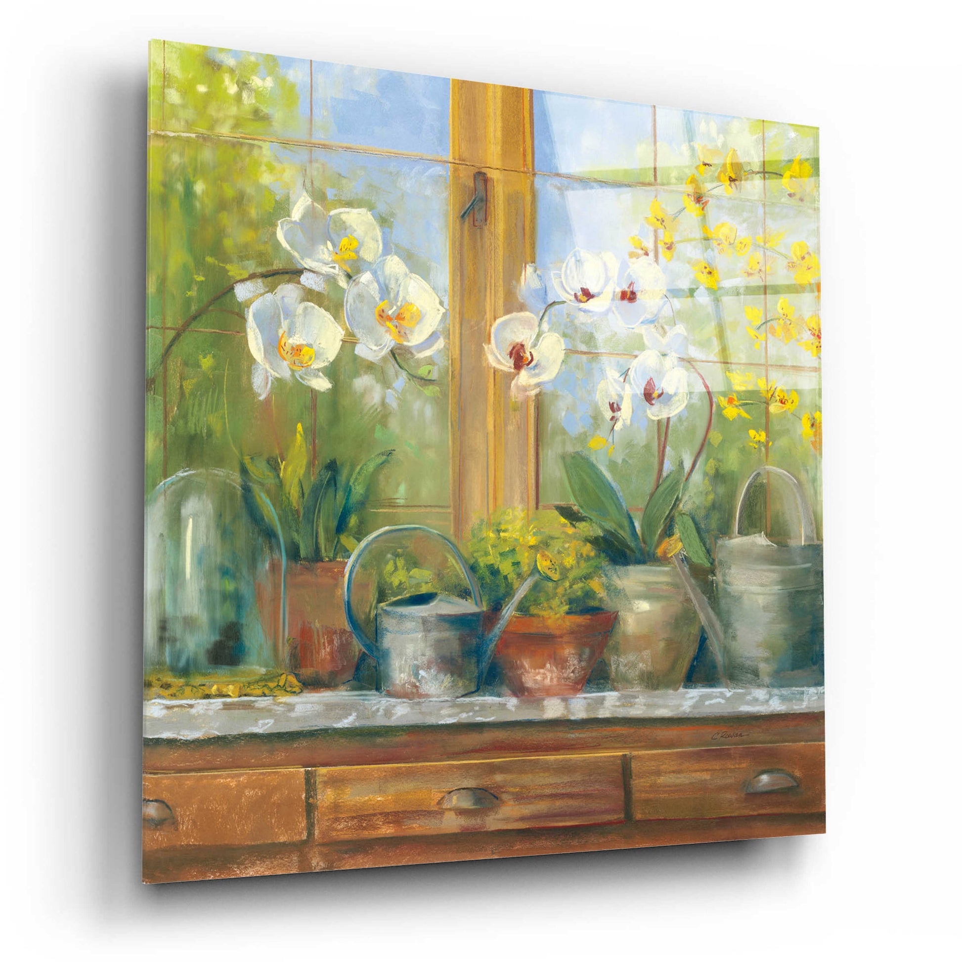 Epic Art 'Gardeners Table Orchids' by Carol Rowan, Acrylic Glass Wall Art,12x12