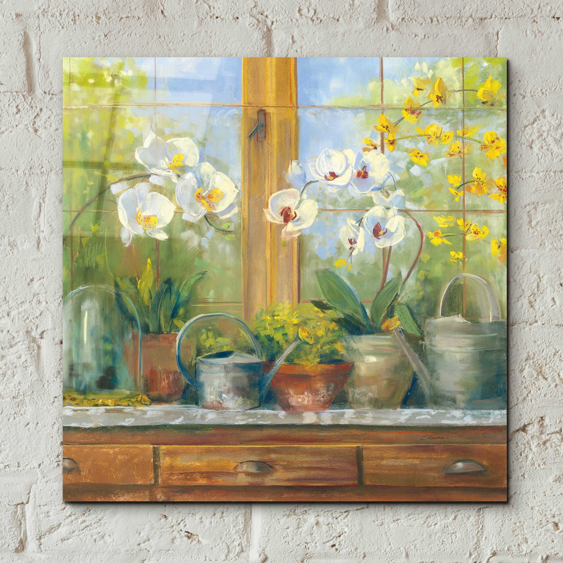 Epic Art 'Gardeners Table Orchids' by Carol Rowan, Acrylic Glass Wall Art,12x12