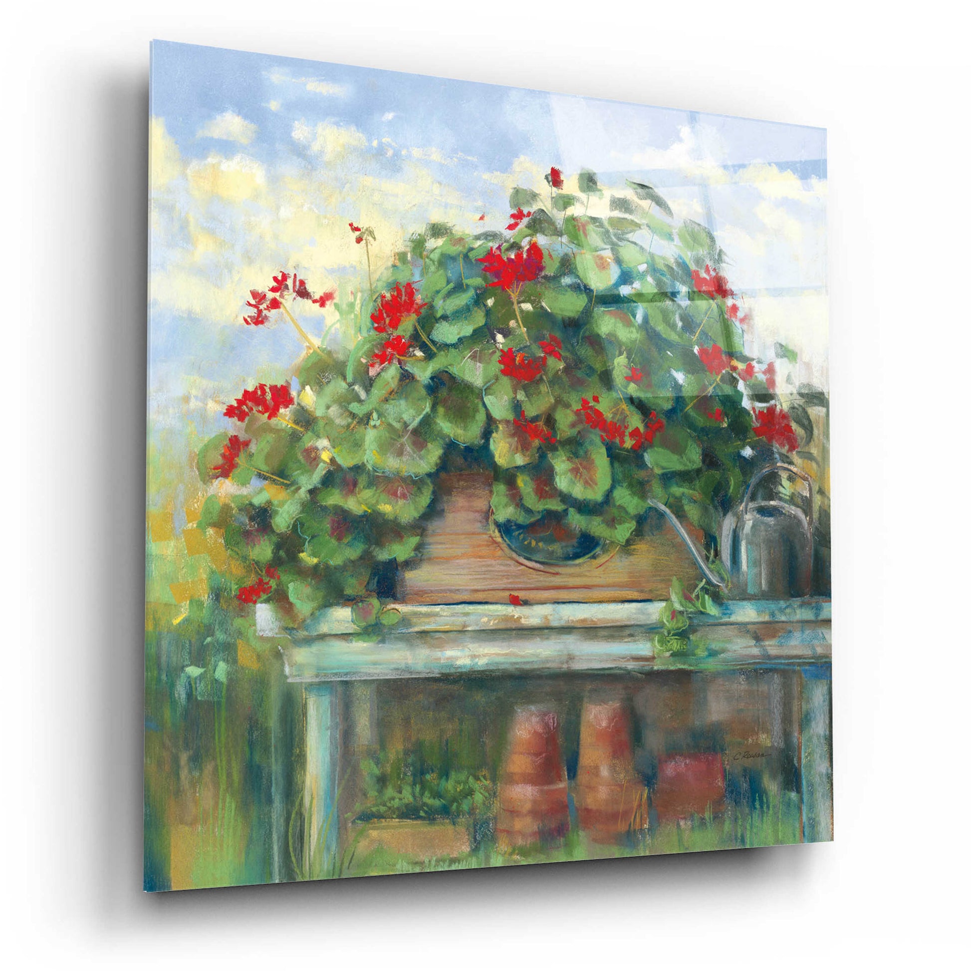 Epic Art 'Geranium Bench Crop' by Carol Rowan, Acrylic Glass Wall Art,12x12