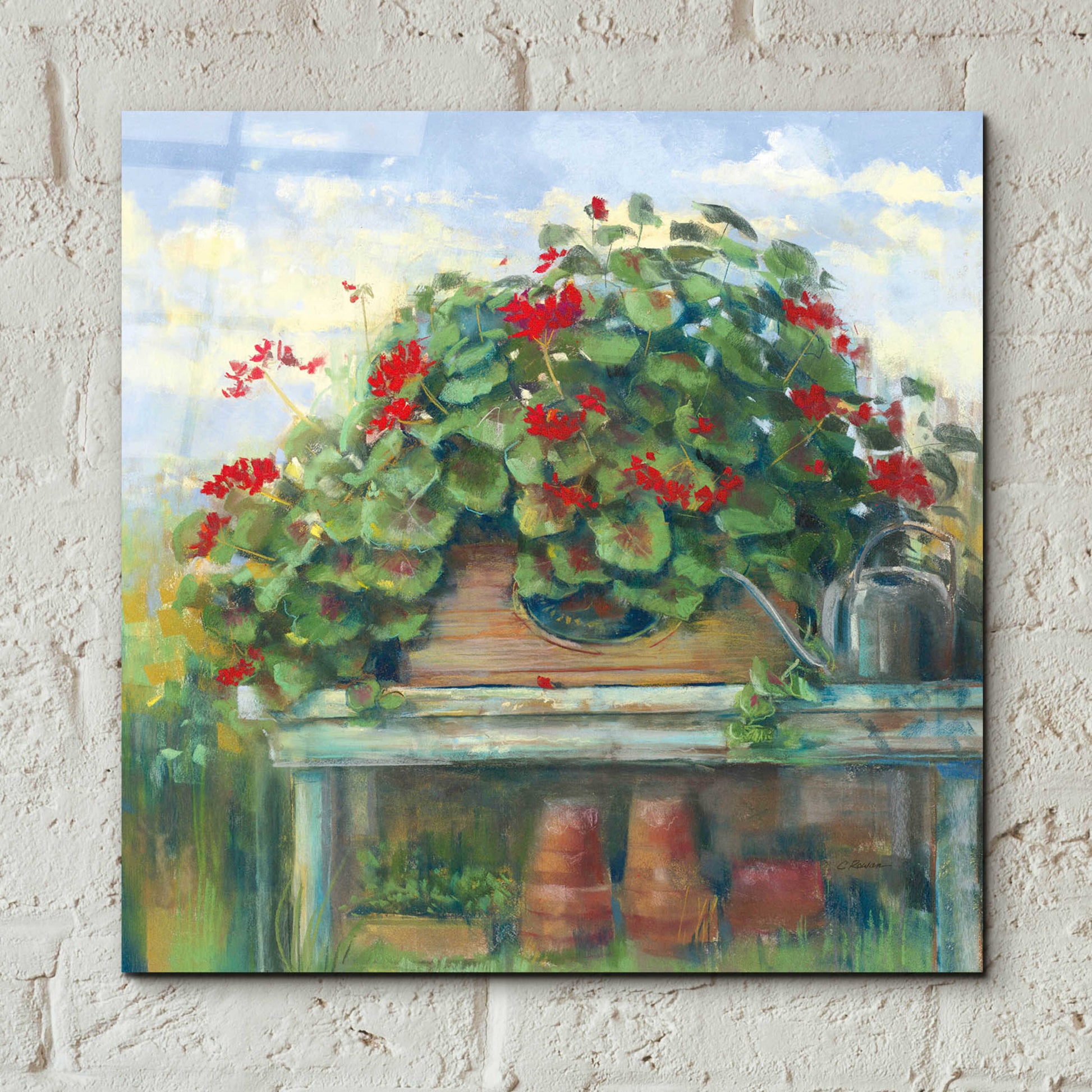 Epic Art 'Geranium Bench Crop' by Carol Rowan, Acrylic Glass Wall Art,12x12