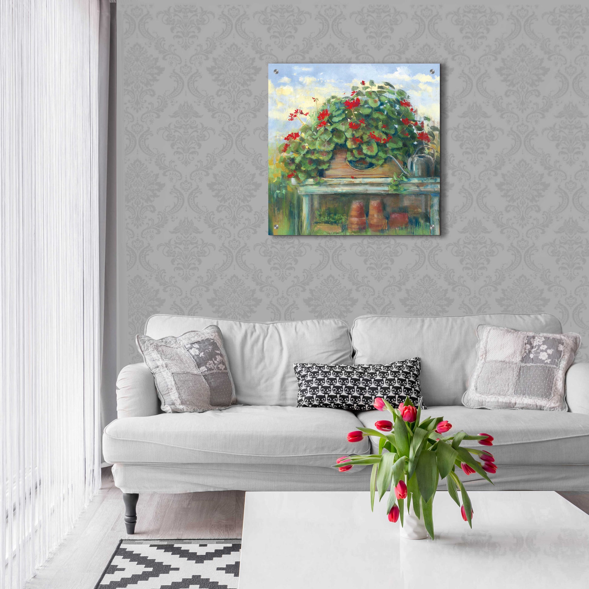 Epic Art 'Geranium Bench Crop' by Carol Rowan, Acrylic Glass Wall Art,24x24