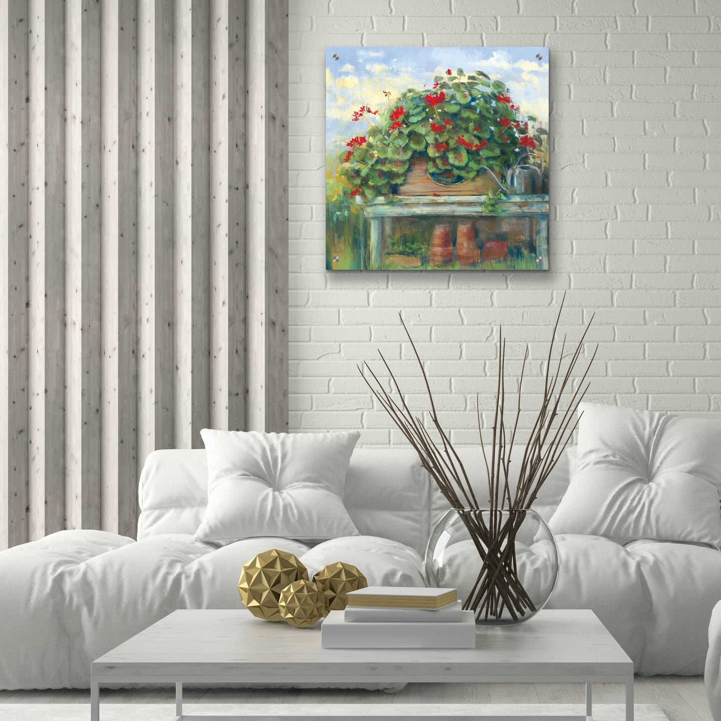 Epic Art 'Geranium Bench Crop' by Carol Rowan, Acrylic Glass Wall Art,24x24