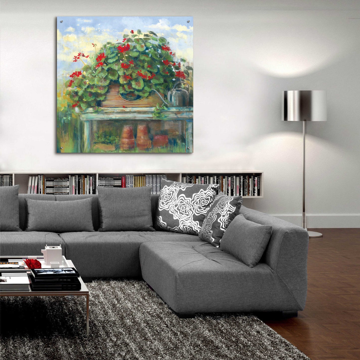 Epic Art 'Geranium Bench Crop' by Carol Rowan, Acrylic Glass Wall Art,36x36