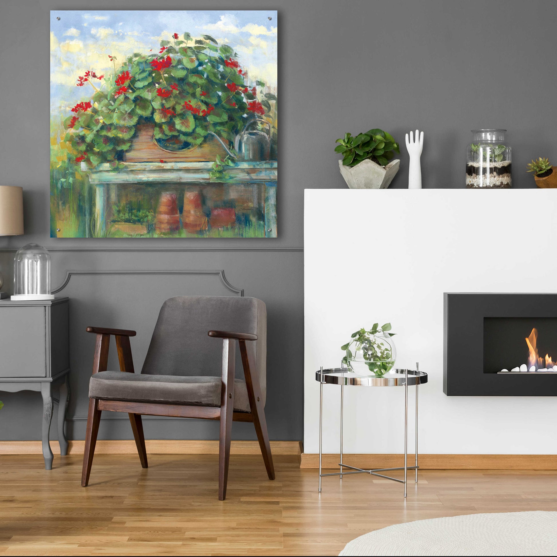 Epic Art 'Geranium Bench Crop' by Carol Rowan, Acrylic Glass Wall Art,36x36