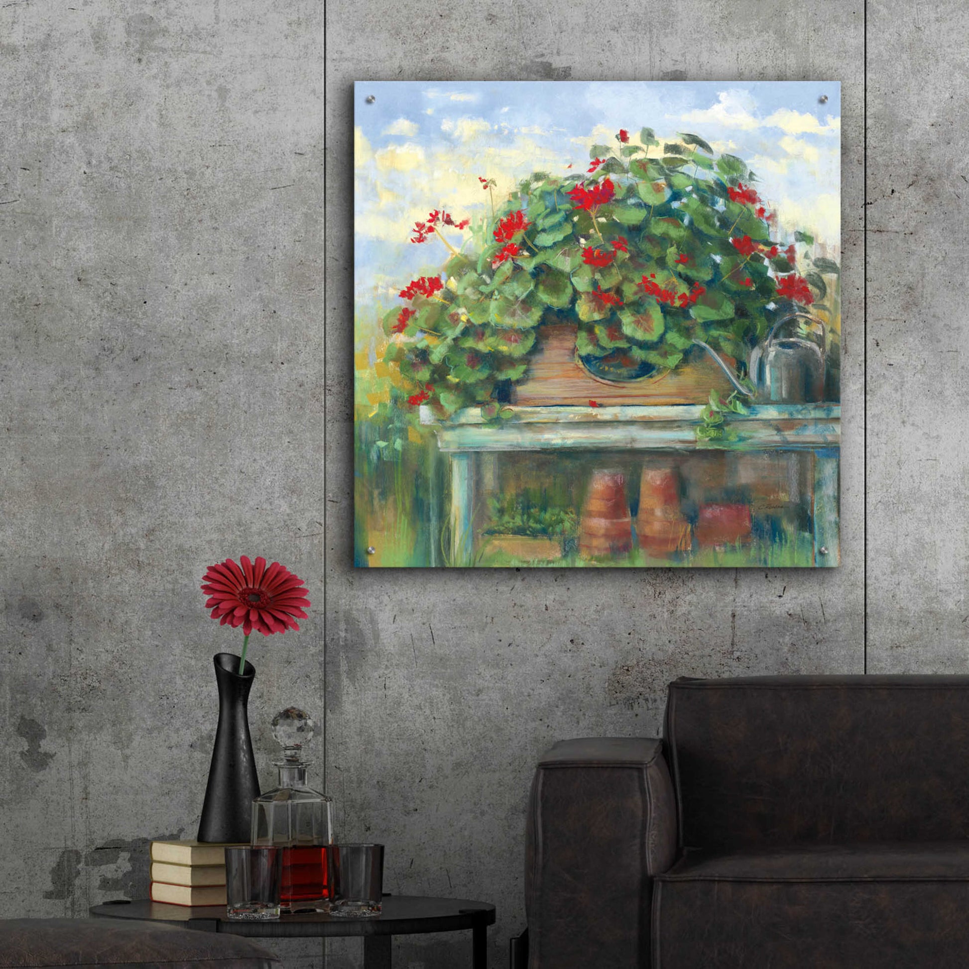 Epic Art 'Geranium Bench Crop' by Carol Rowan, Acrylic Glass Wall Art,36x36