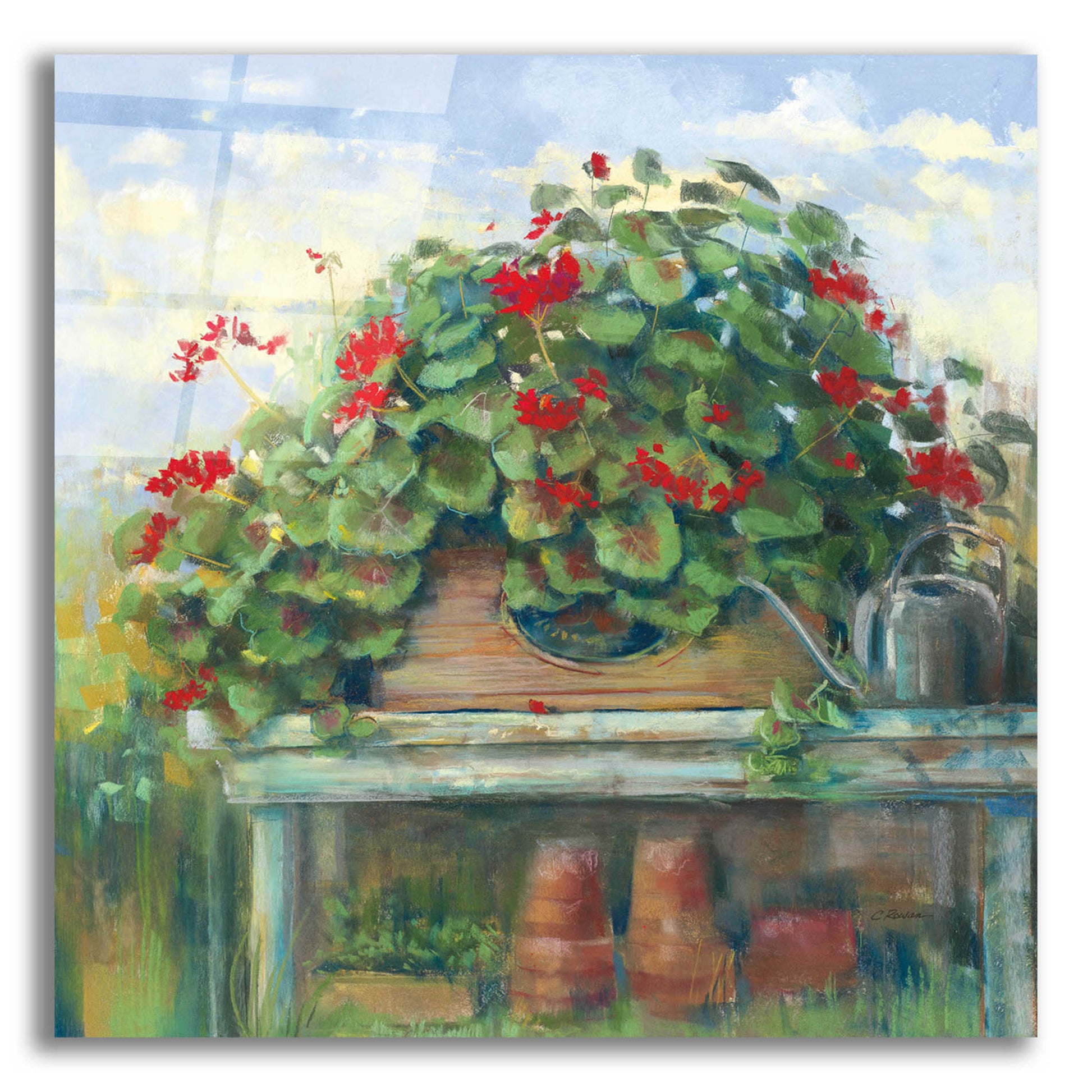 Epic Art 'Geranium Bench Crop' by Carol Rowan, Acrylic Glass Wall Art