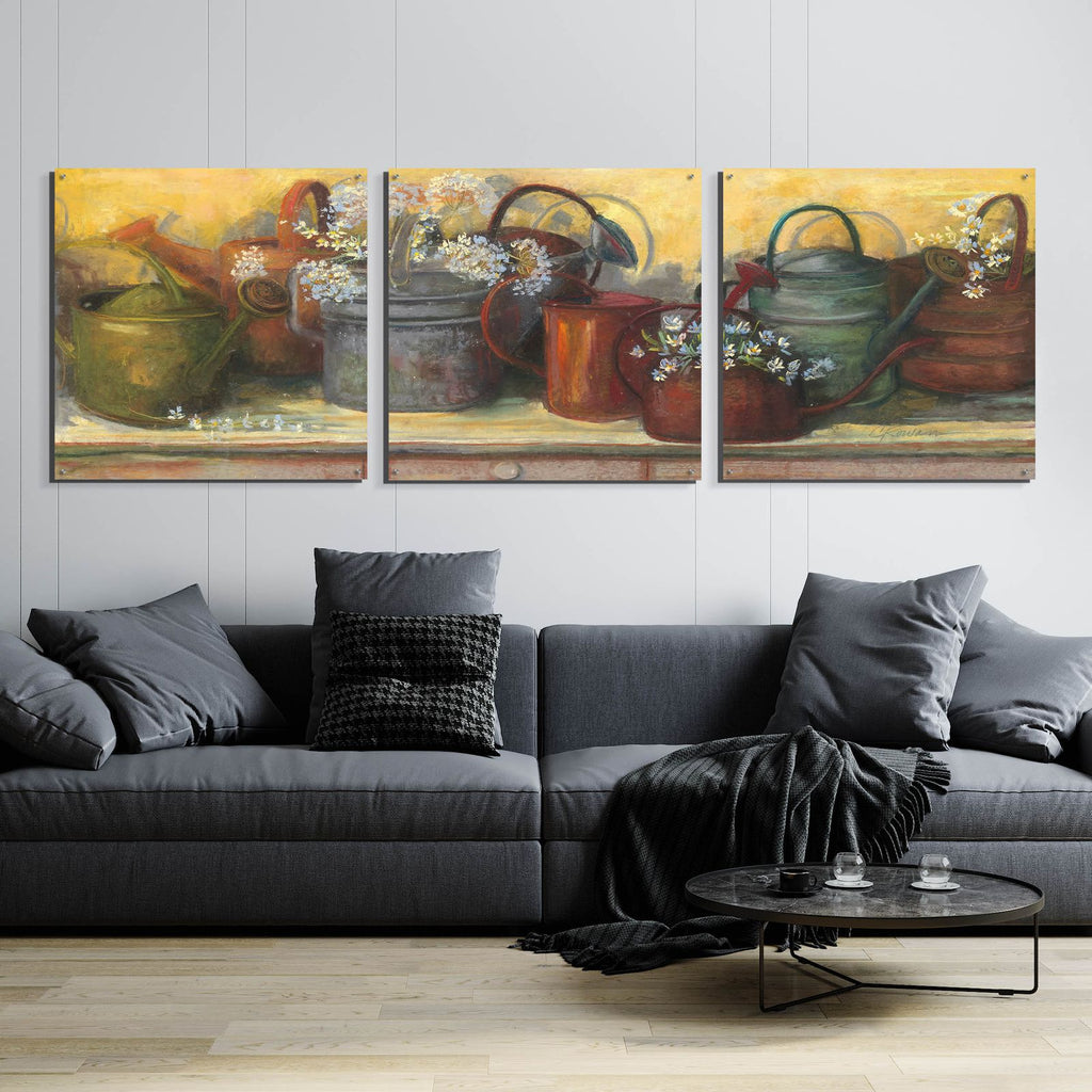 Watering Cans by Carol Rowan - 108x36 acrylic wall art in a room