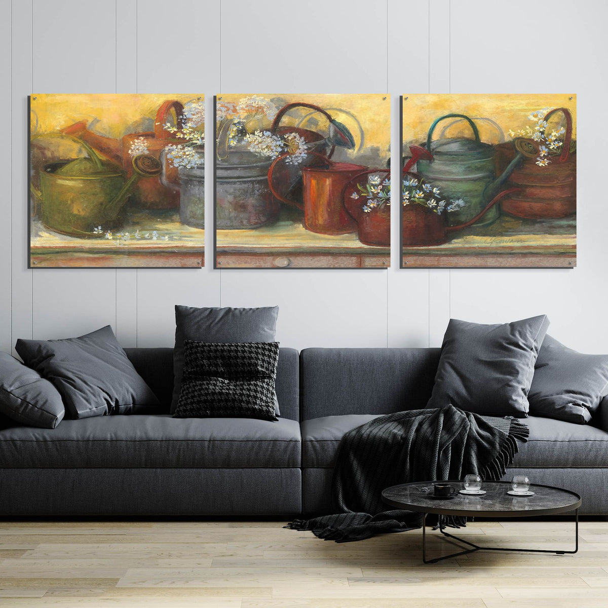 Watering Cans by Carol Rowan - 108x36 acrylic wall art in a room