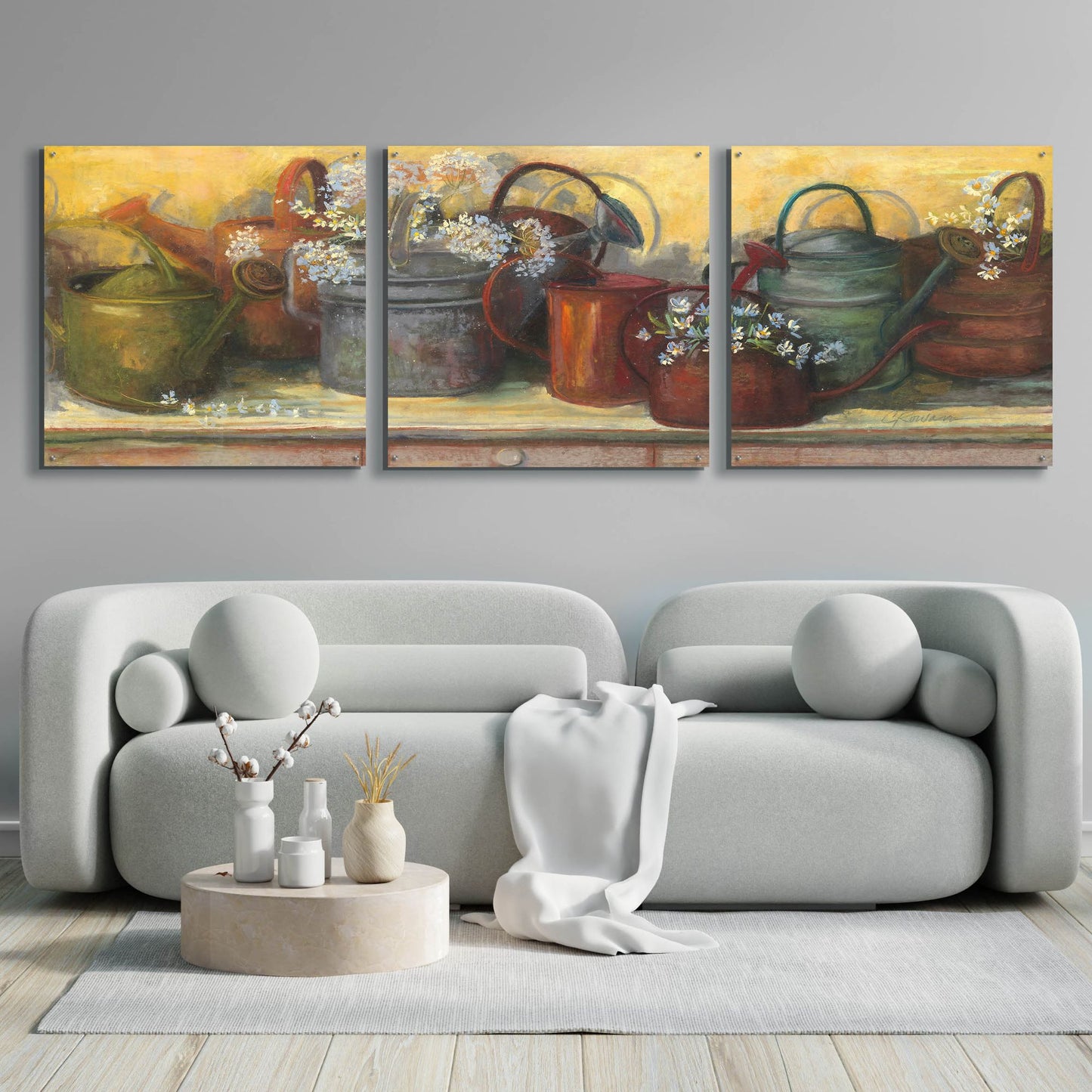 Epic Art 'Watering Cans' by Carol Rowan, Acrylic Glass Wall Art, 3 Piece Set,108x36