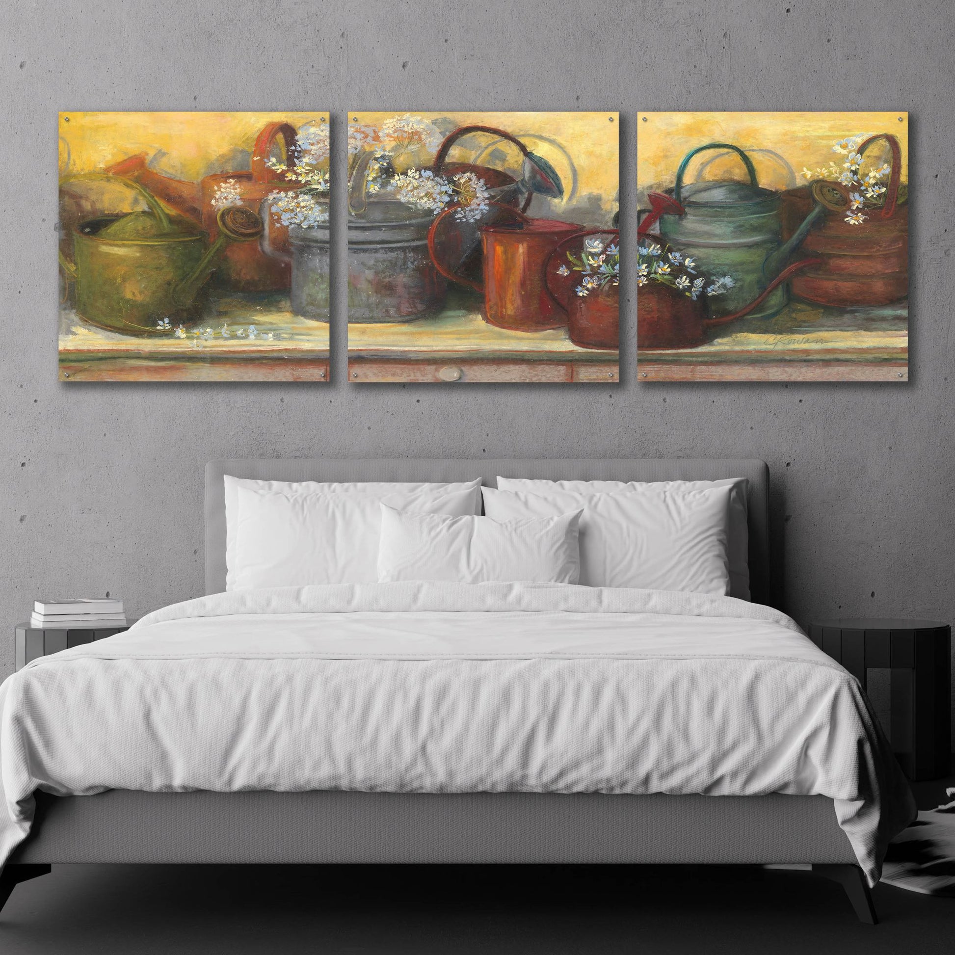 Epic Art 'Watering Cans' by Carol Rowan, Acrylic Glass Wall Art, 3 Piece Set,108x36