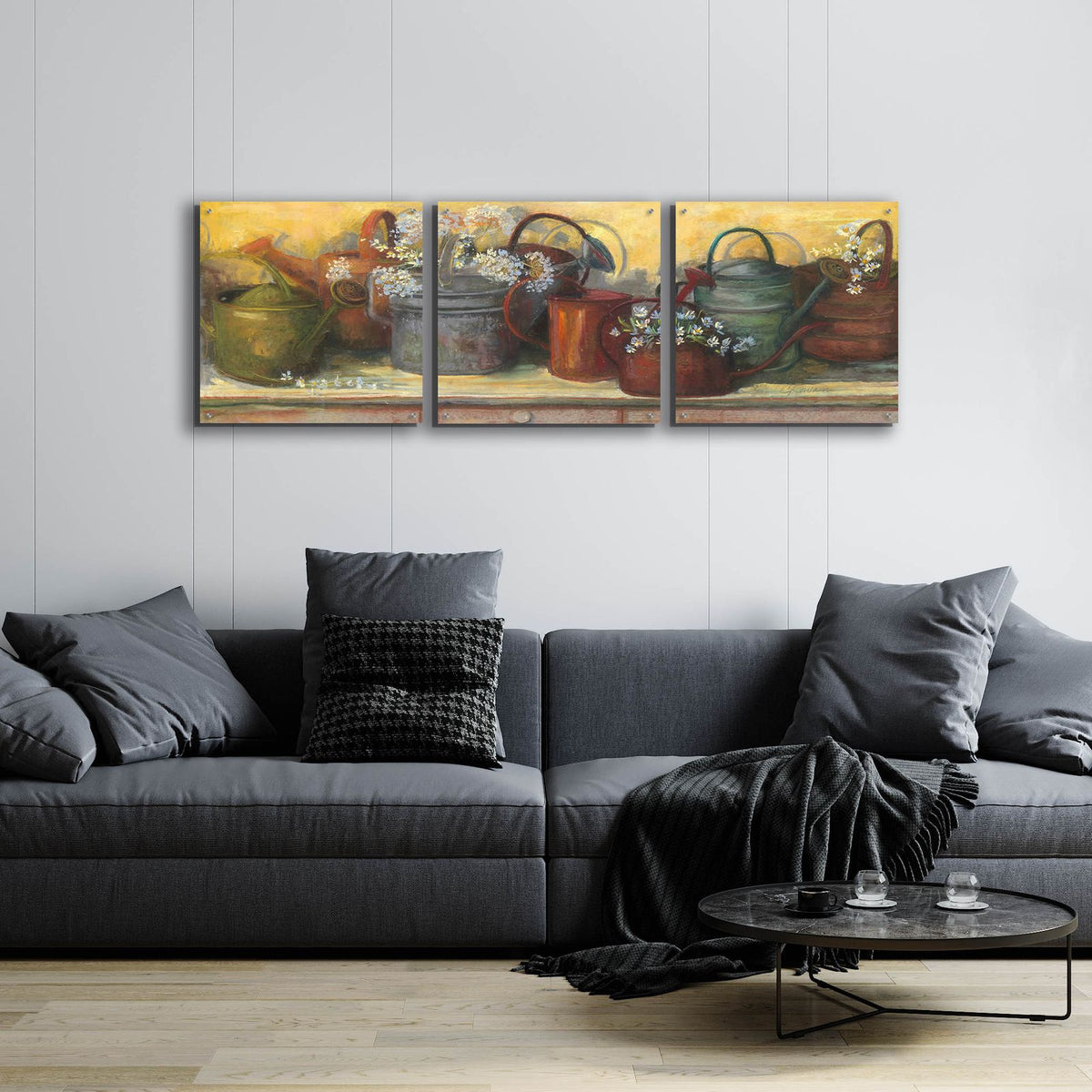 Watering Cans by Carol Rowan - 72x24 acrylic wall art in a room