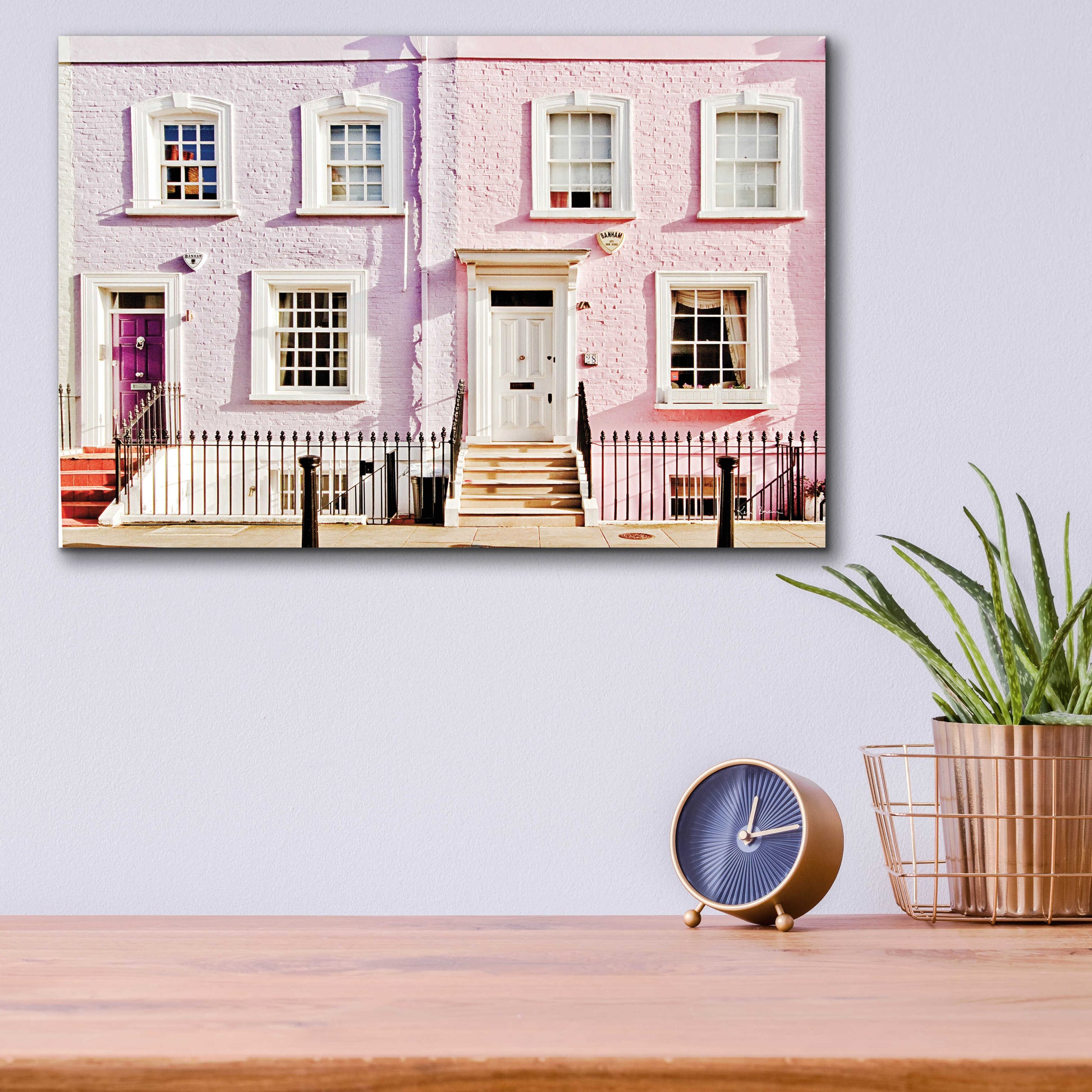 Epic Art 'London Pink Purple Houses' by Keri Bevan, Acrylic Glass Wall Art,16x12